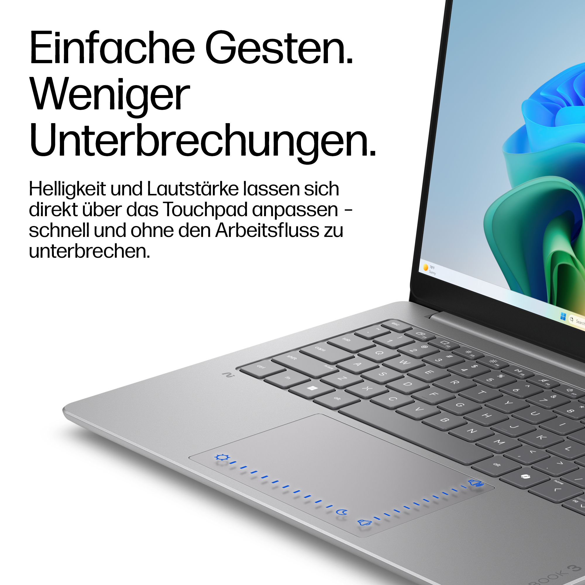 Laptop mit beleuchtetem Touchpad zur Steuerung von Helligkeit und Lautstärke, begleitet von deutschem Werbetext.