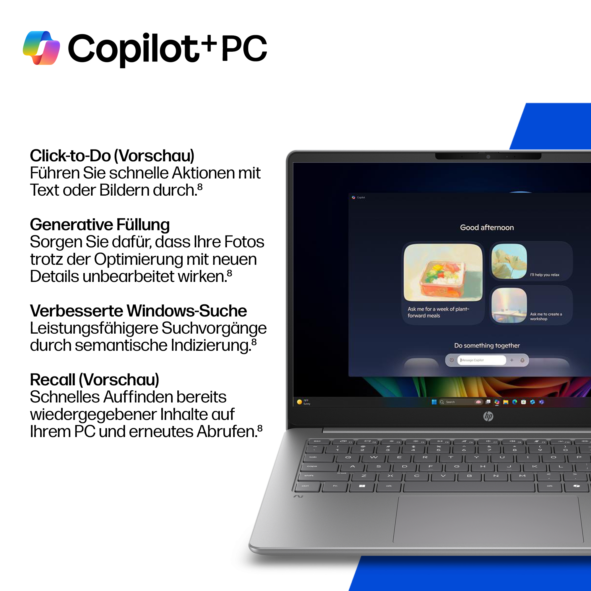 Copilot+PC-Laptop mit KI-Funktionen und erklärendem Text auf Deutsch.