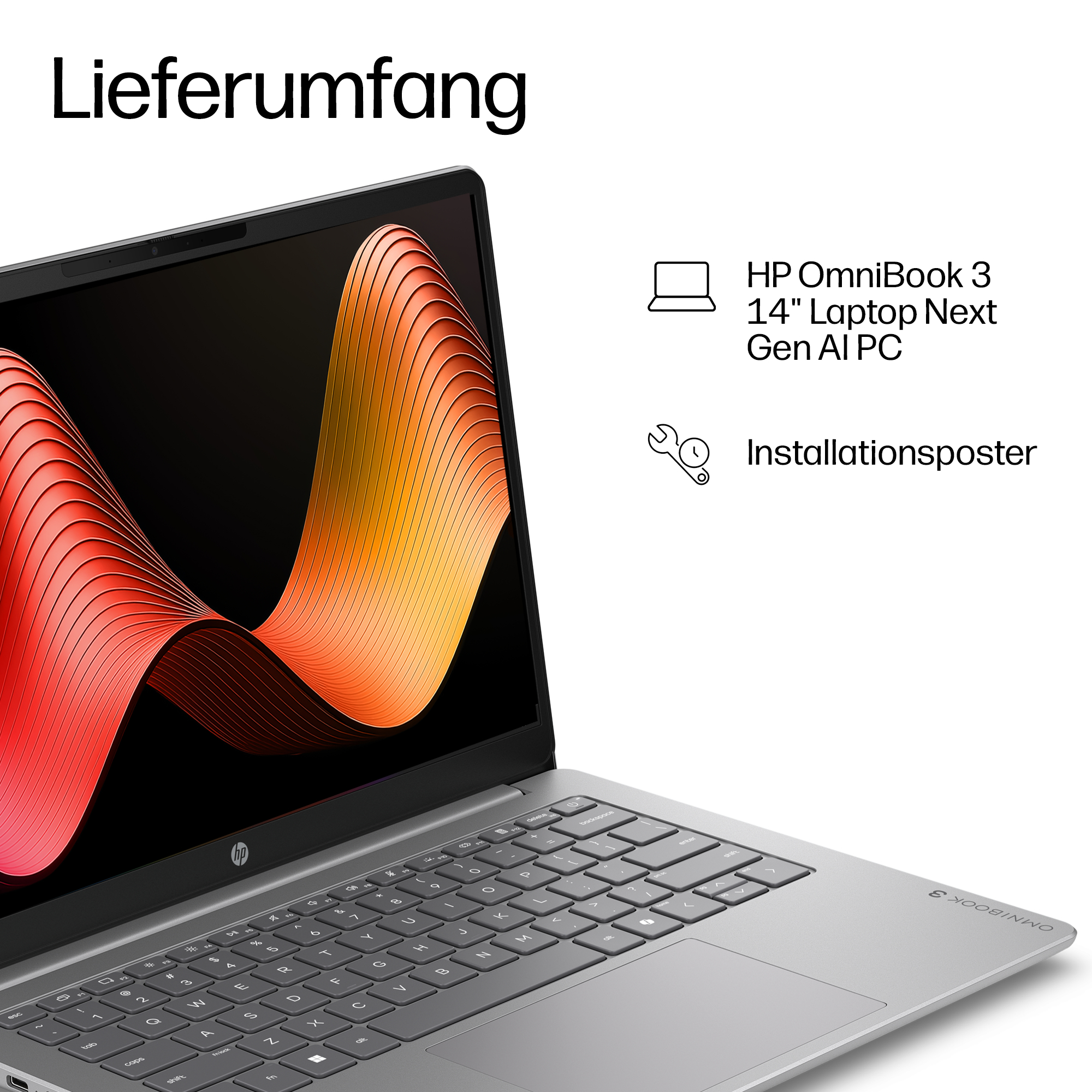 HP OmniBook 3 14 Zoll Laptop und Installationsposter.