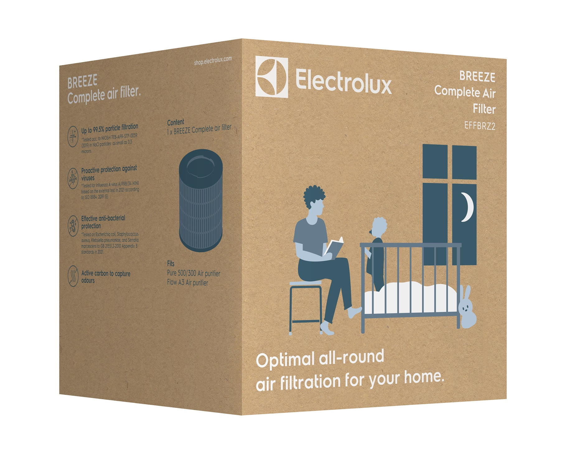 Ürün detayları, silindirik filtre ve ebeveyn-çocuk illüstrasyonu olan bir Electrolux Breeze Complete hava filtresi kutusu.