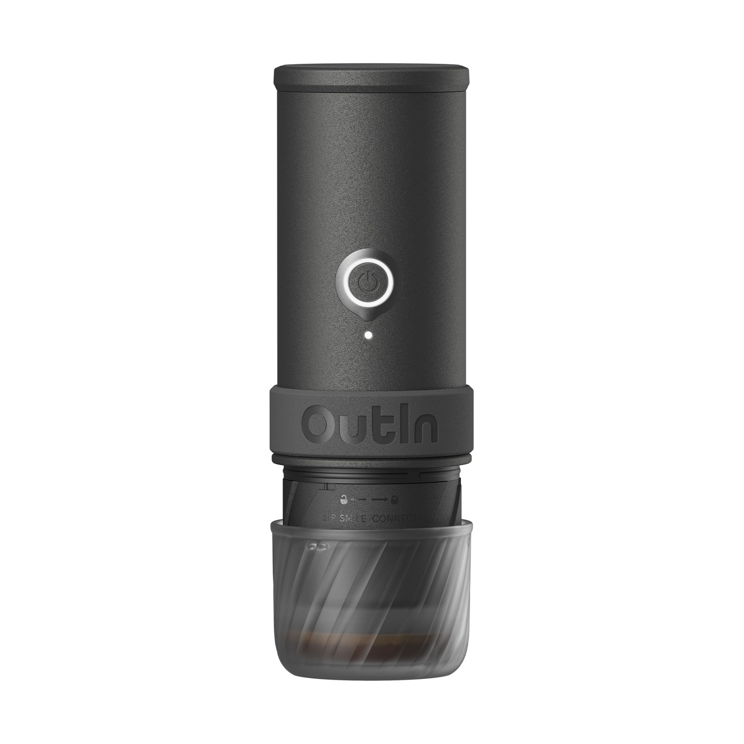 Una caffettiera portatile nera opaca Outln con pulsante di accensione illuminato e accessorio inferiore.