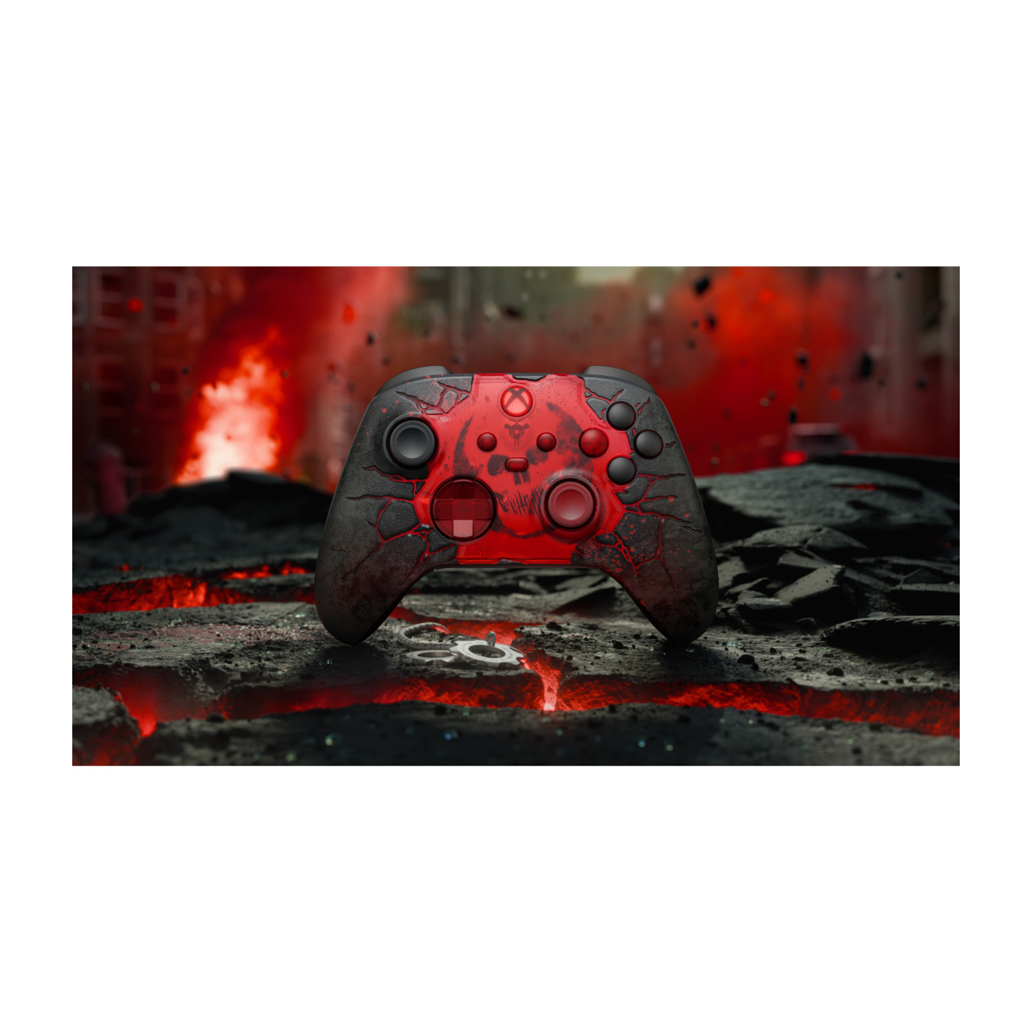Un controller rosso e nero posato su rocce di lava incandescenti con sfondo infuocato.