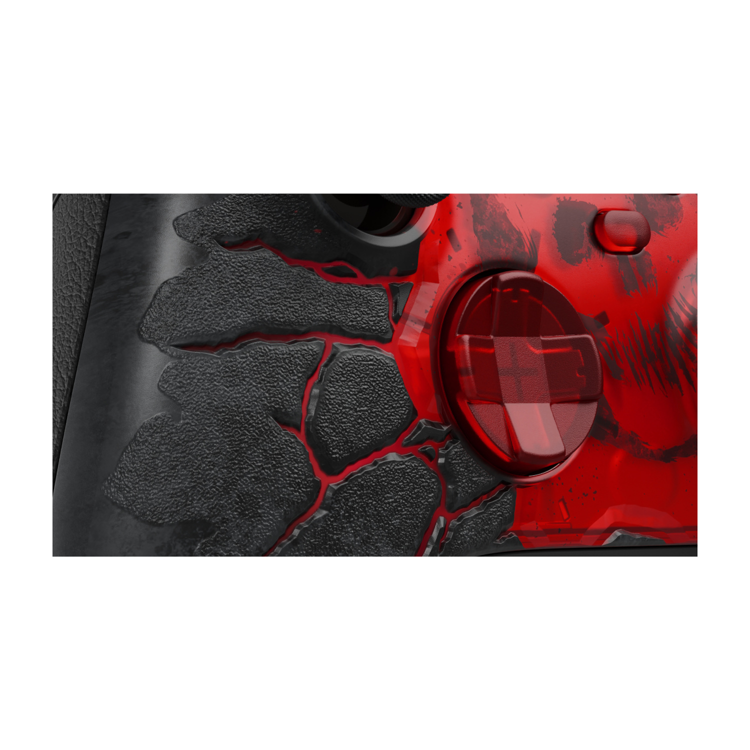 Primo piano di un controller rosso e nero con design screpolato e d-pad rosso lucido.