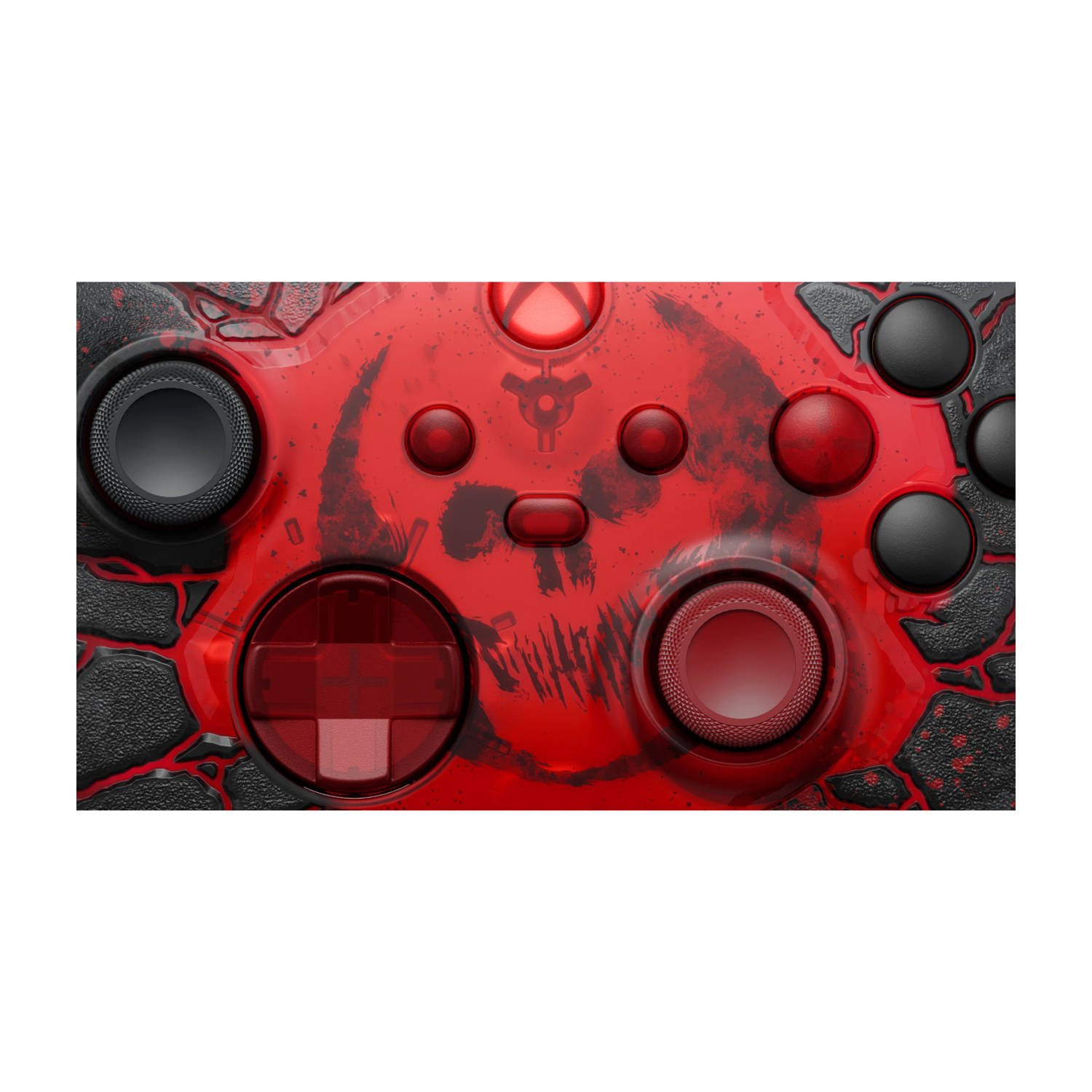 Primo piano di un controller Xbox rosso con un design a teschio scuro e impugnature nere.