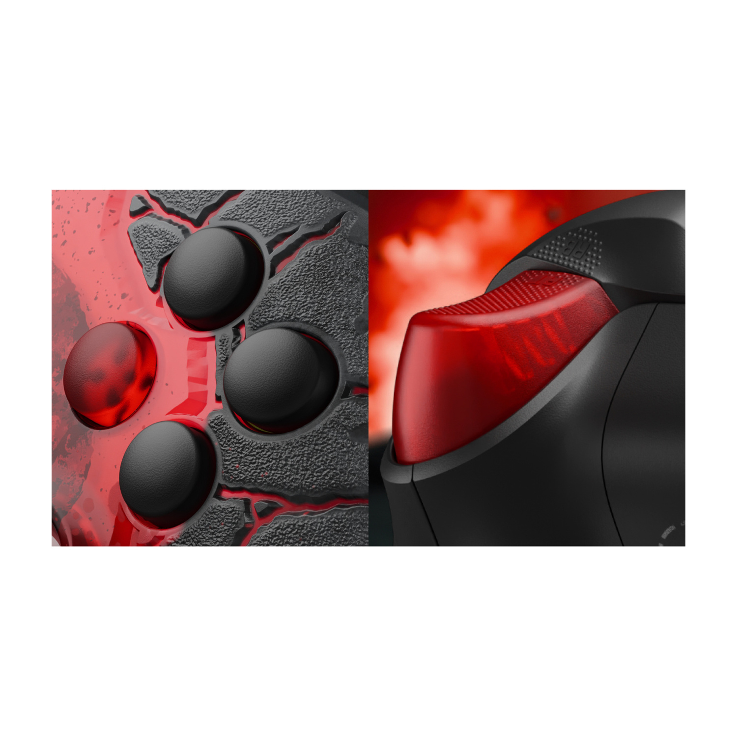Primo piano di un controller nero con texture di lava e dettagli rossi luminosi su pulsanti e grilletti.