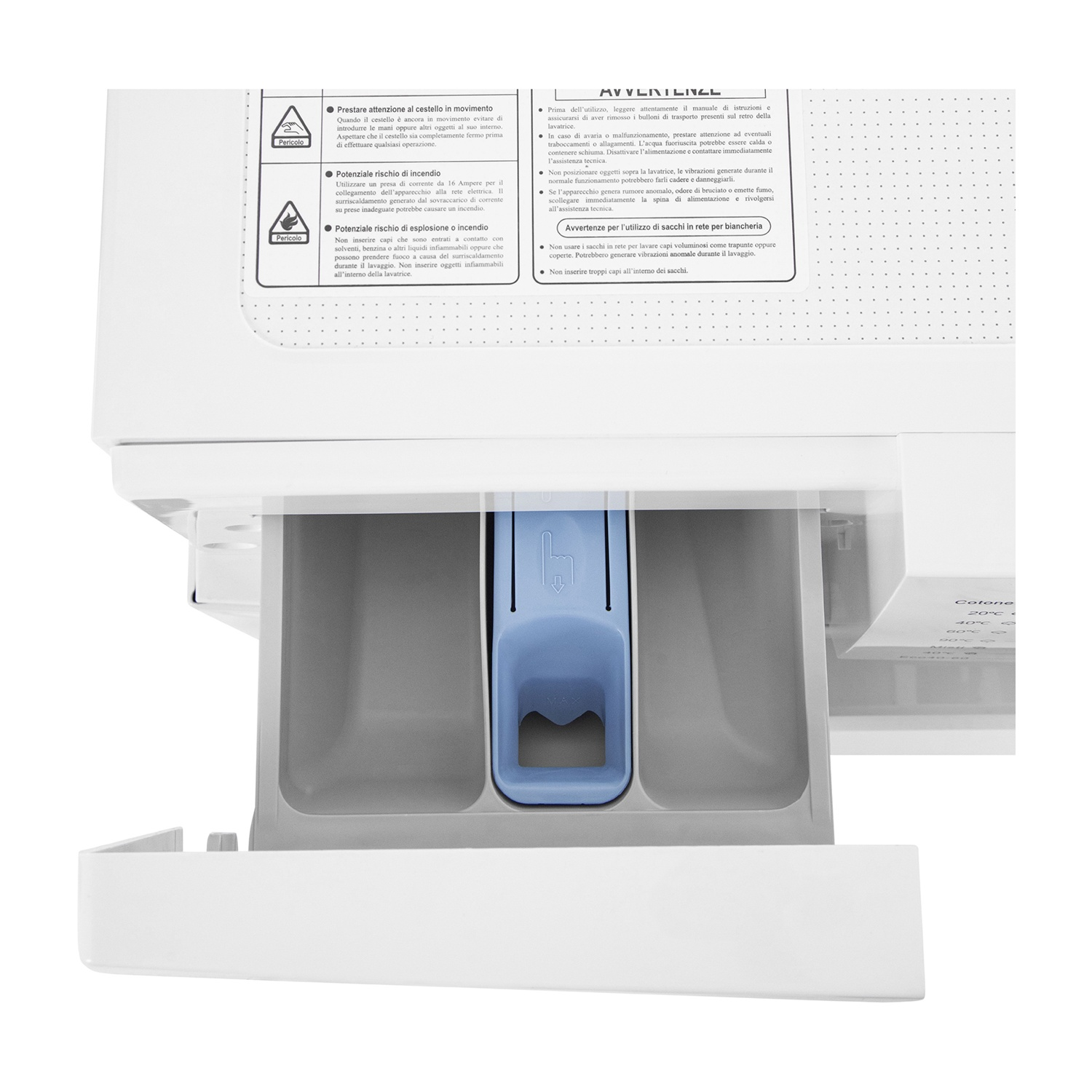 Cassetto del detersivo aperto di una lavatrice bianca con inserto blu al centro.