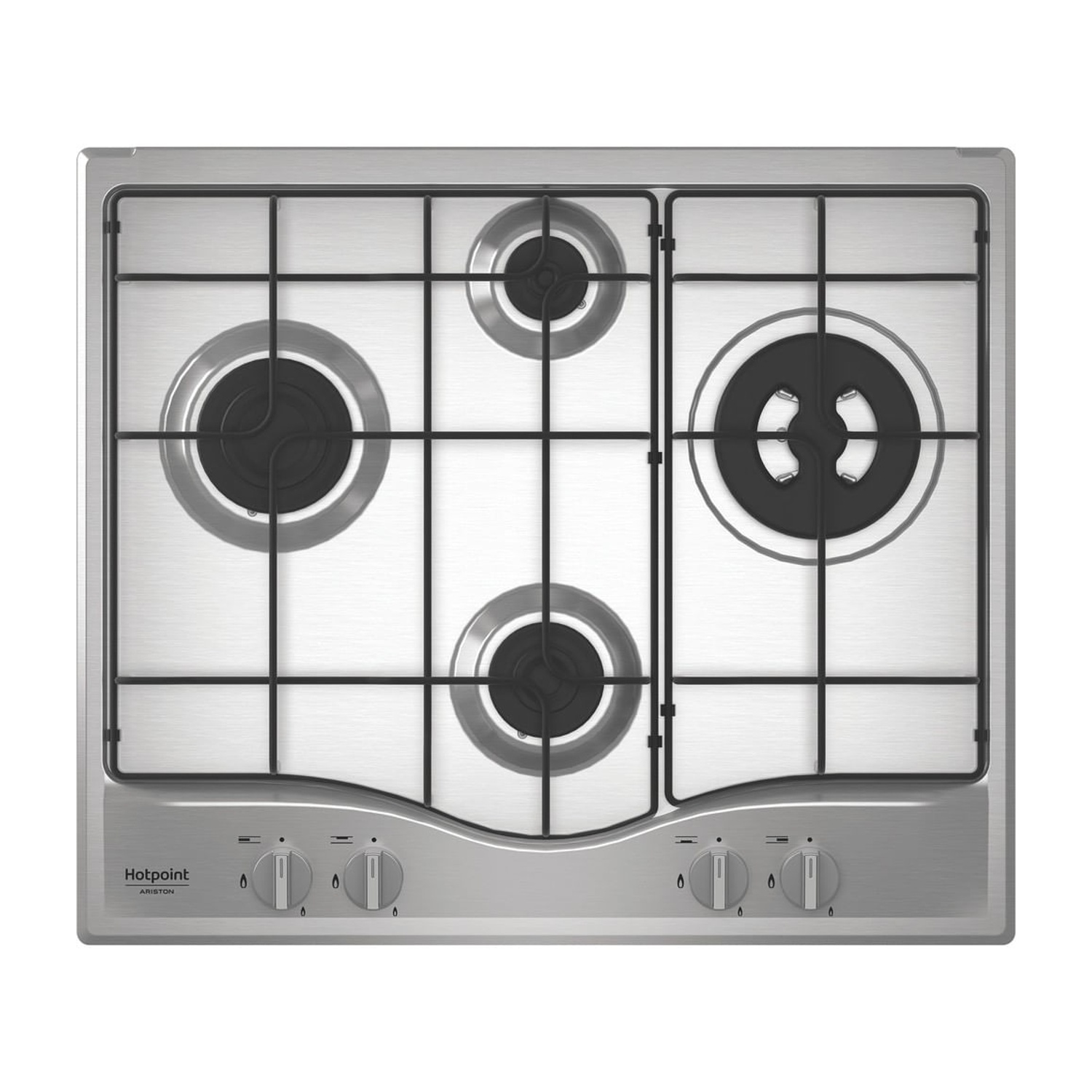 Piano cottura a gas Hotpoint Ariston argentato con quattro fuochi e griglie nere.