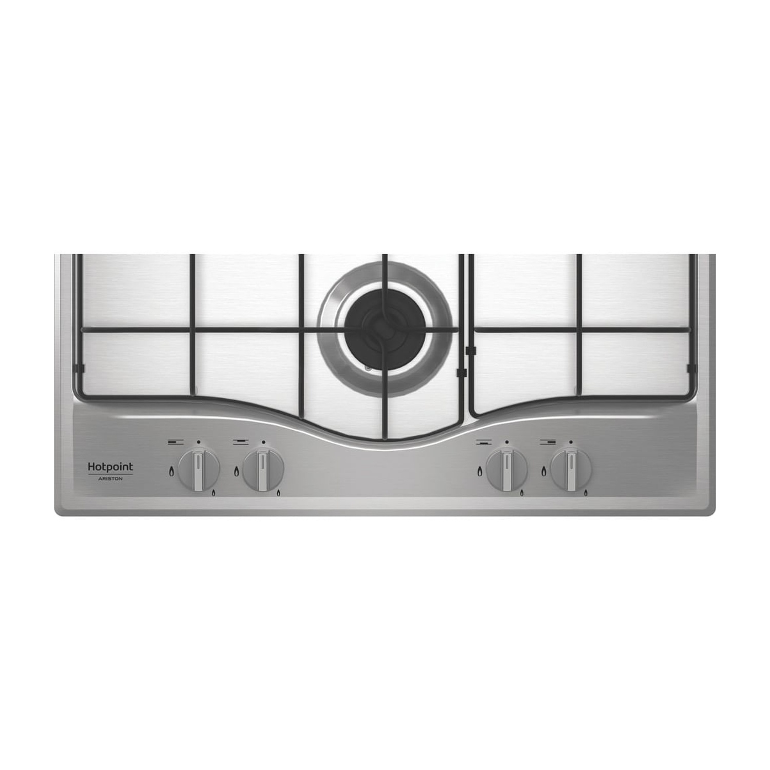 Piano cottura a gas Hotpoint-Ariston in acciaio inox con quattro manopole grigie e griglie nere.