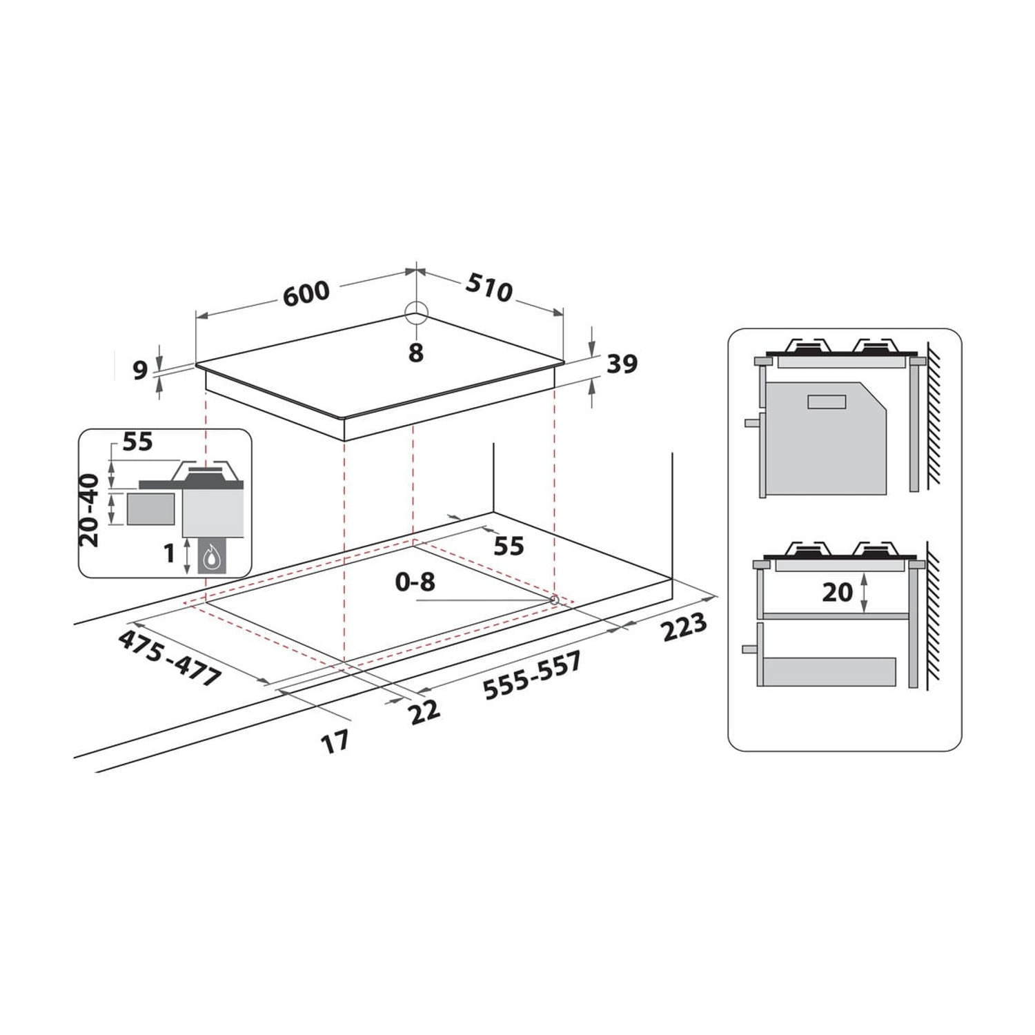 Disegno tecnico che mostra le dimensioni di installazione di un piano cottura.