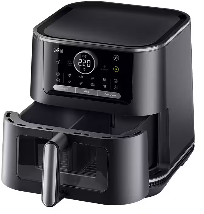 Friggitrice ad aria Braun nera con display digitale e cassetto aperto.