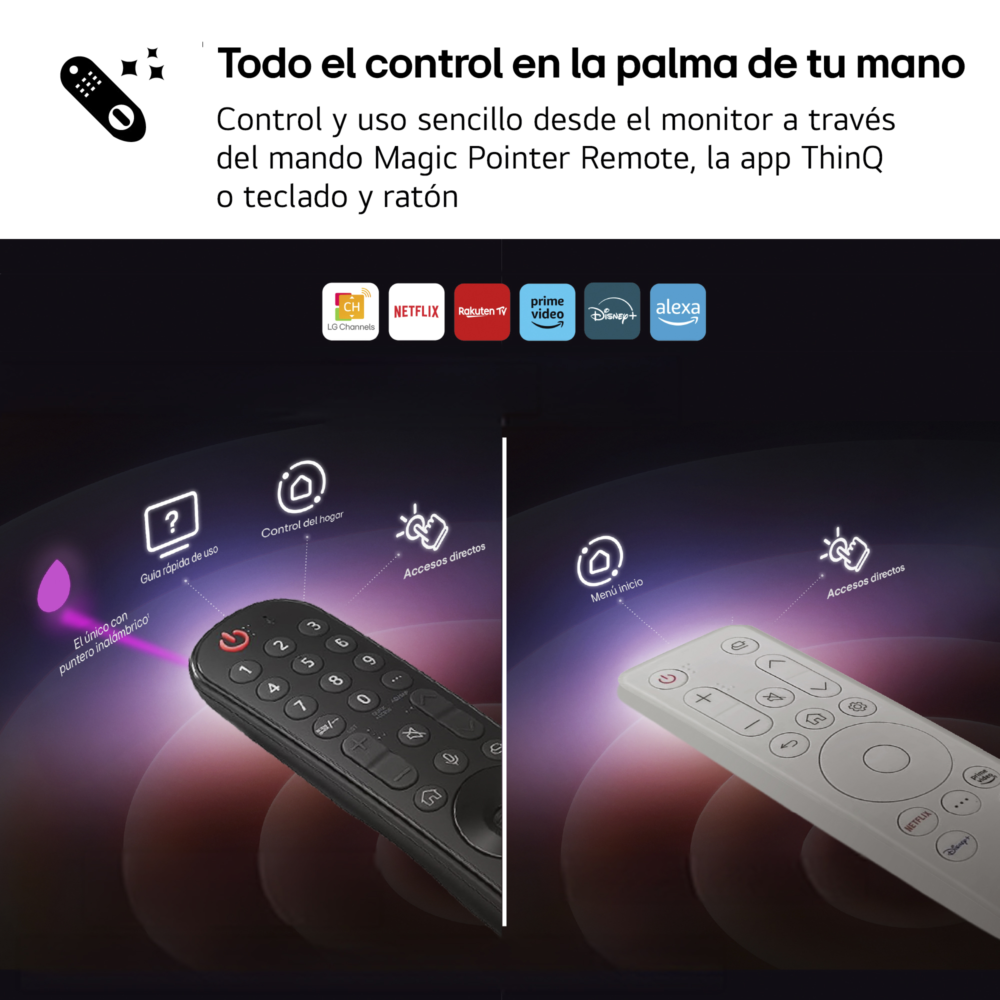 Pantalla de control remoto para Smart TV con funciones de puntero y accesos a aplicaciones.