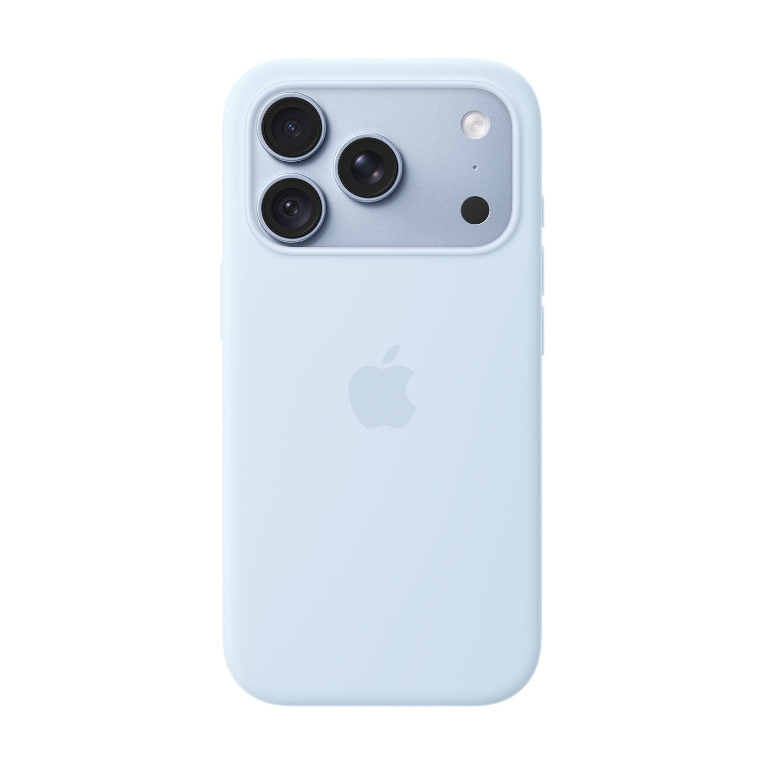 Retro di un iPhone azzurro con sistema a tripla fotocamera e logo Apple.