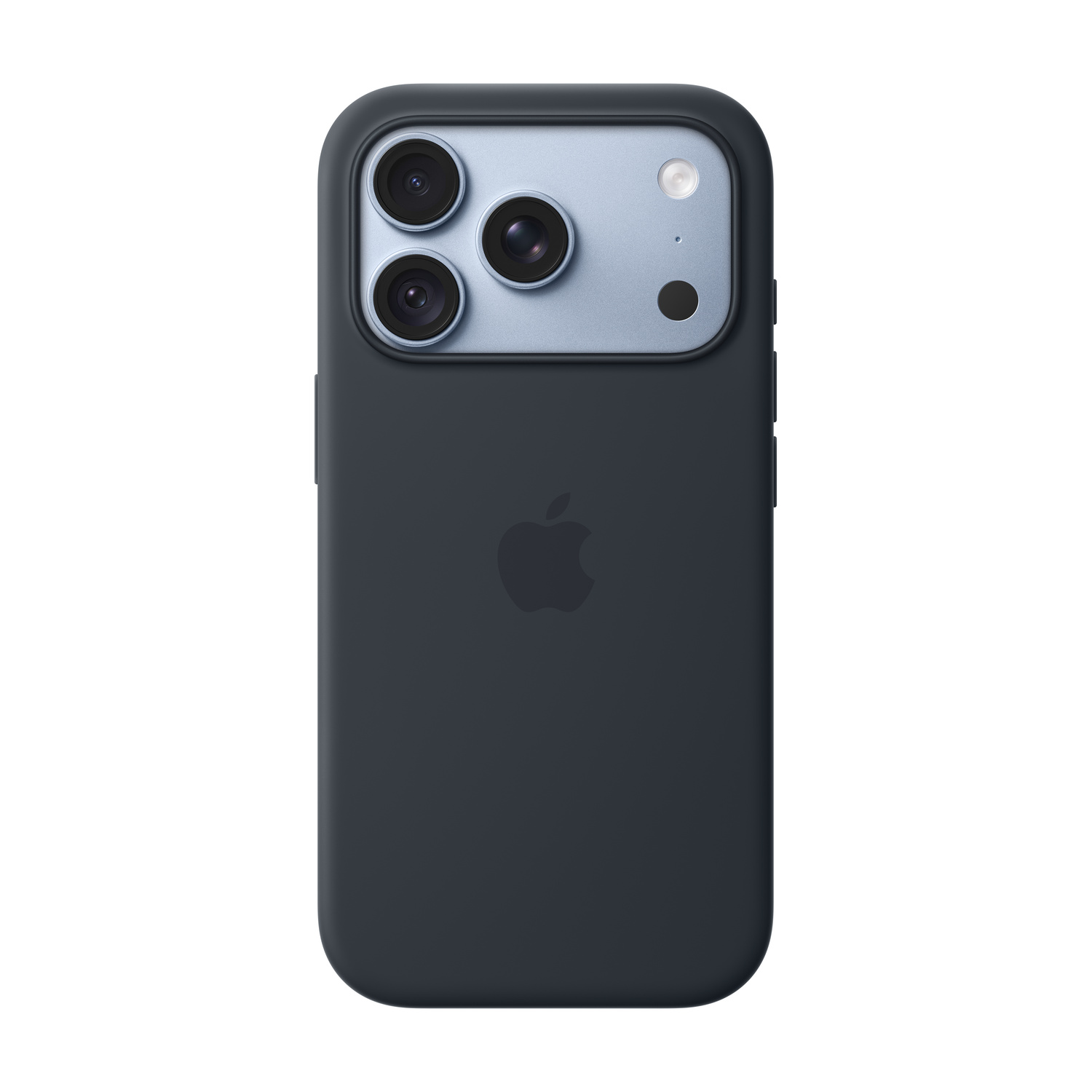 Retro di un iPhone grigio scuro in una custodia, con tre obiettivi fotografici e il logo Apple.