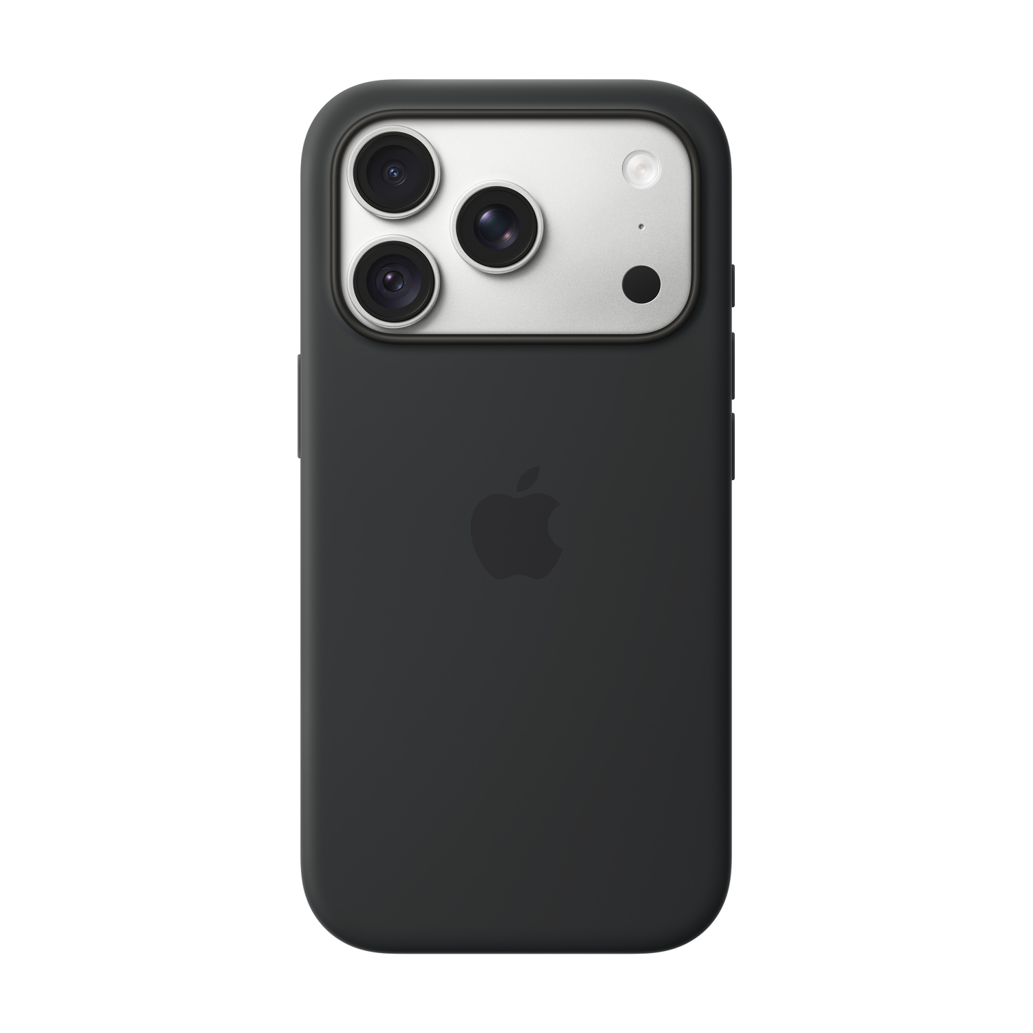 Custodia nera per iPhone con modulo fotocamera argentato in alto e logo Apple.
