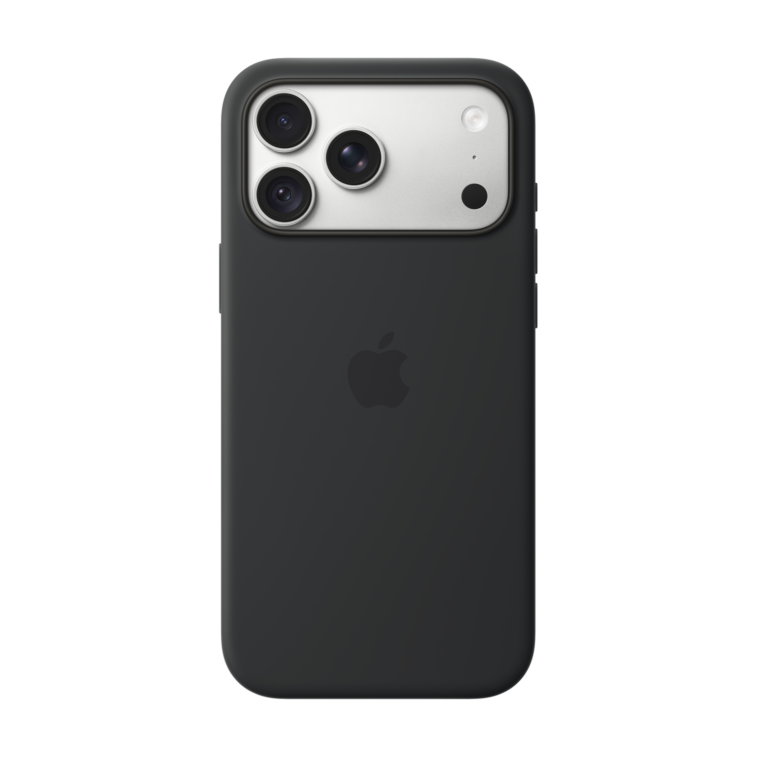 Cover nera per iPhone con modulo fotocamera argento e logo Apple.
