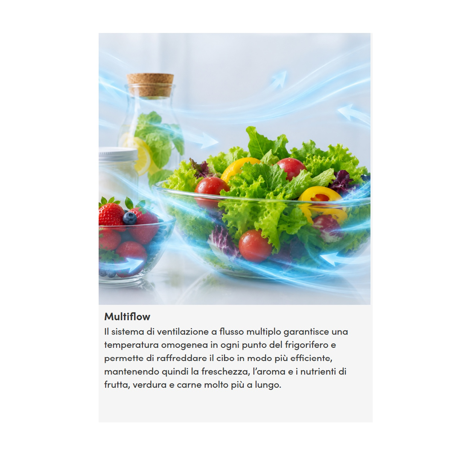 Insalata fresca e bacche in ciotole di vetro con linee di flusso d'aria blu e testo sul raffreddamento multiflow.