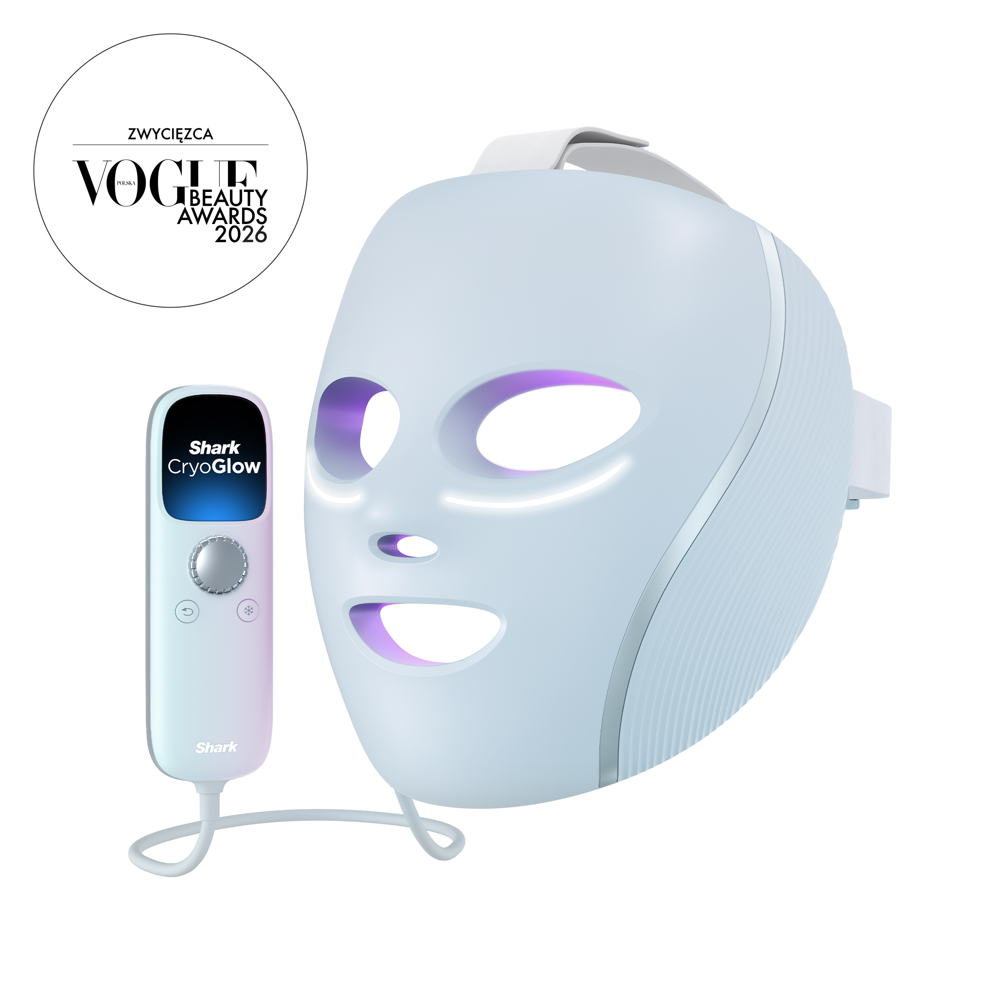 Biała maska LED do twarzy z podłączonym pilotem i pieczęcią Vogue Beauty Awards 2026.
