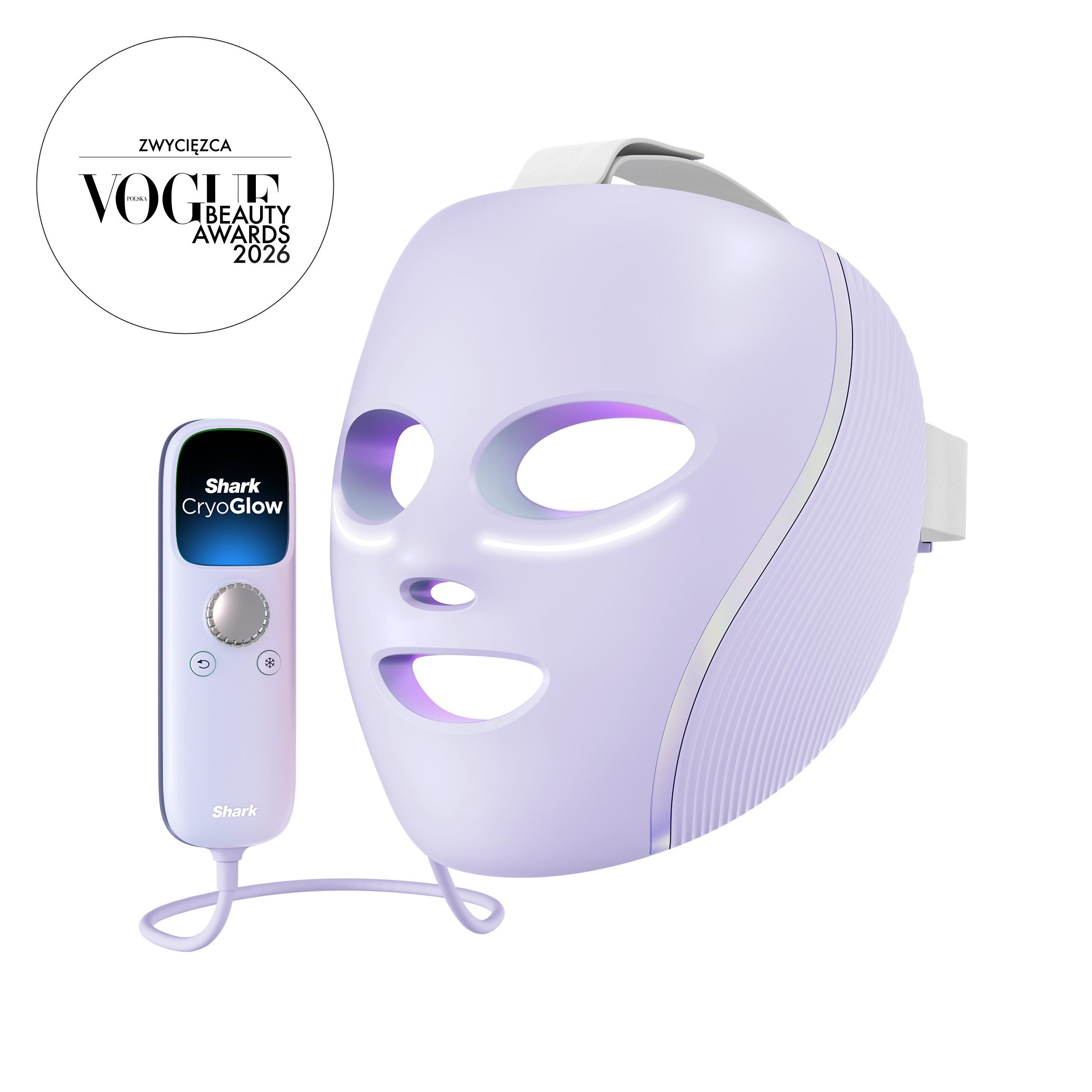 Fioletowa maska LED na twarz Shark CryoGlow z pilotem i logo Vogue Beauty Awards 2026.