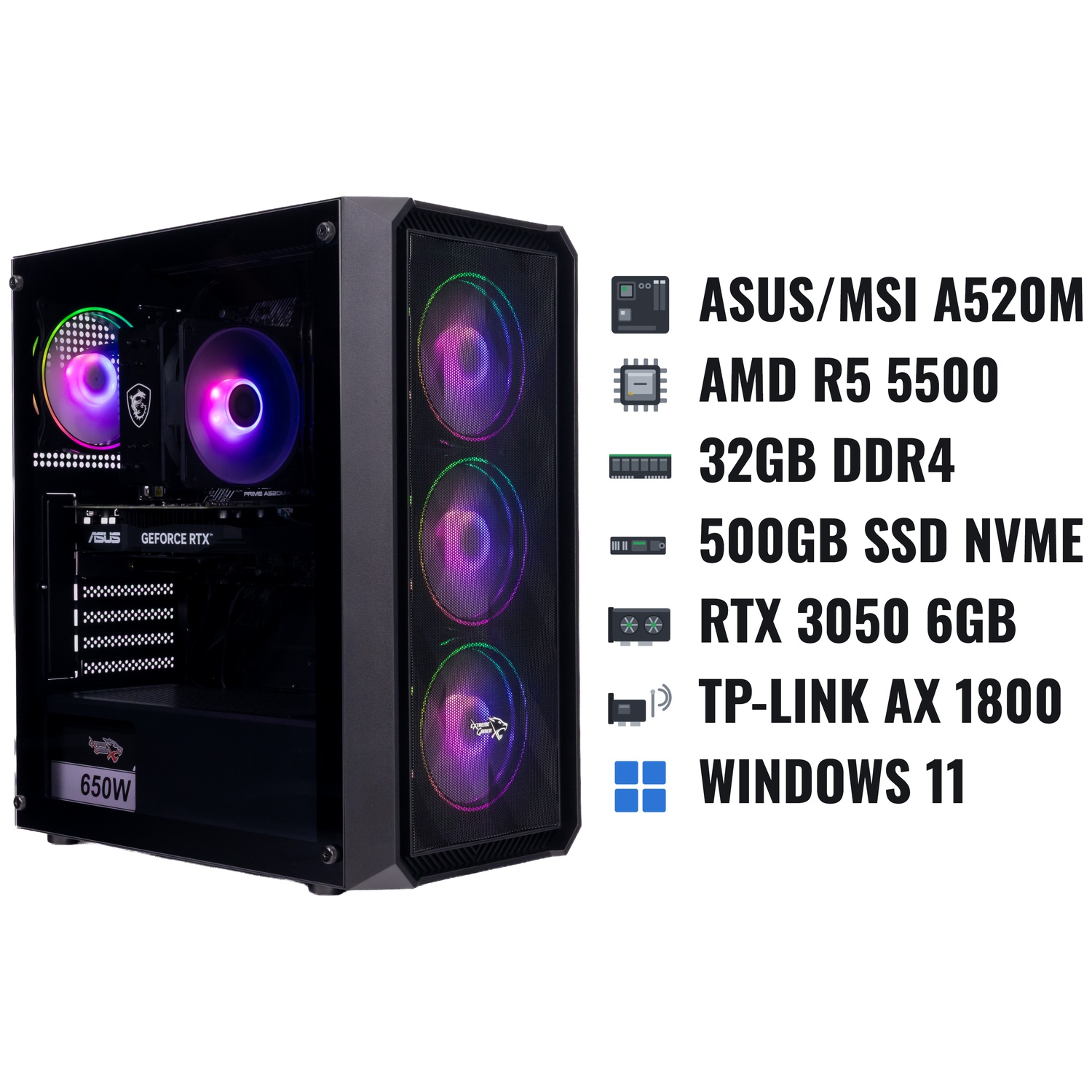 Gaming PC tower with RGB fans and listed hardware specs on the right.