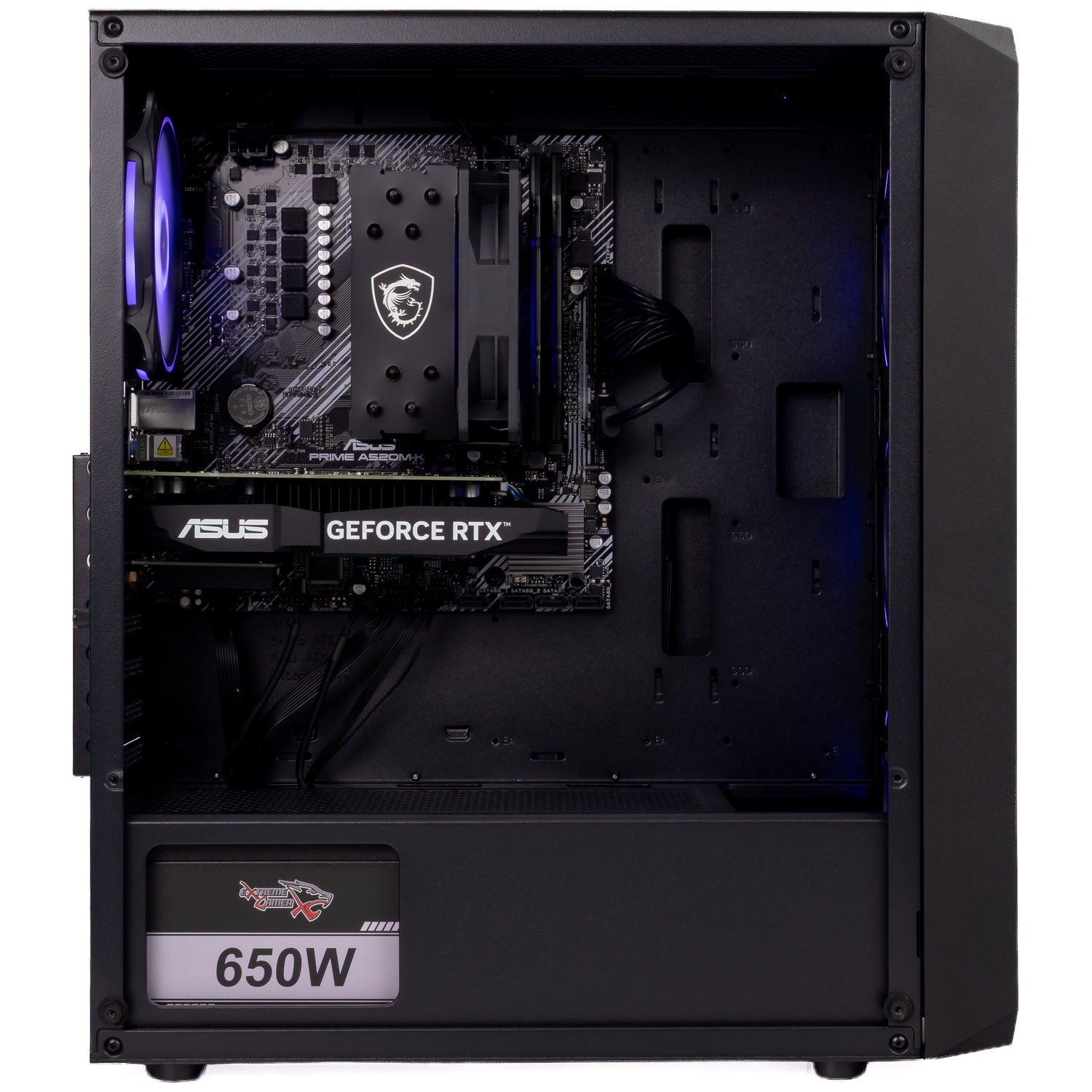 Inside view of a black PC case showing a motherboard, CPU cooler, GeForce RTX graphics card, and 650W power supply.