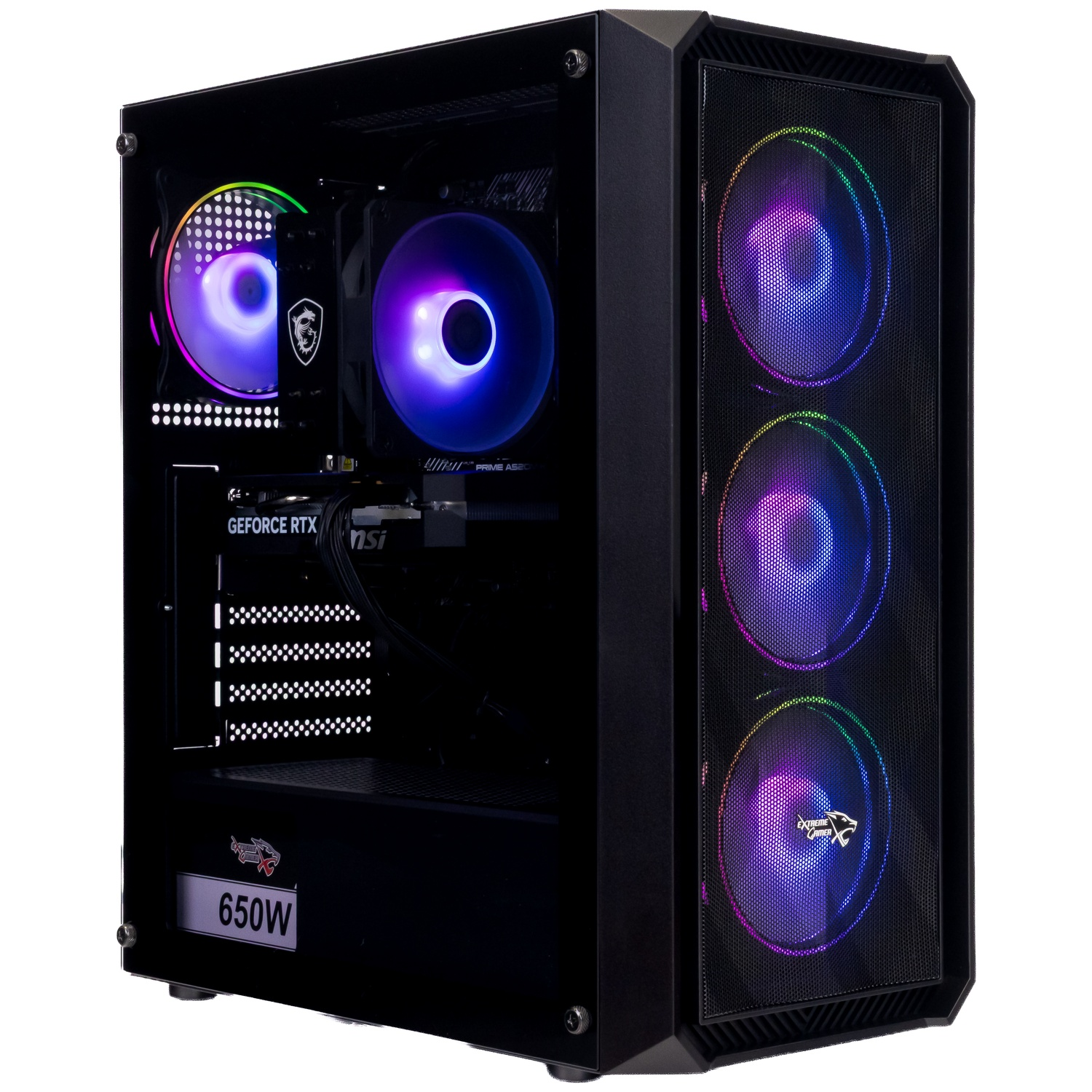 Un PC de jeu noir avec des ventilateurs RGB et des composants internes visibles sur fond blanc.