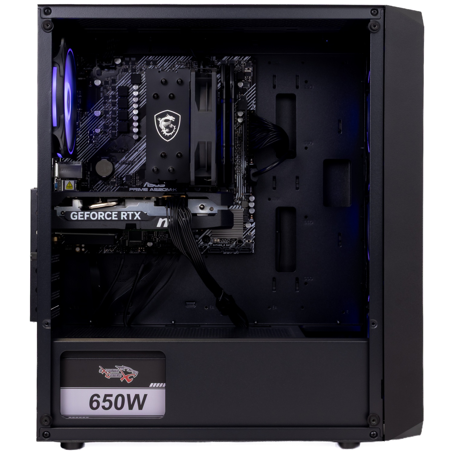 Intérieur d'un boîtier PC noir avec carte mère, carte graphique GeForce RTX, radiateur et alimentation 650W.