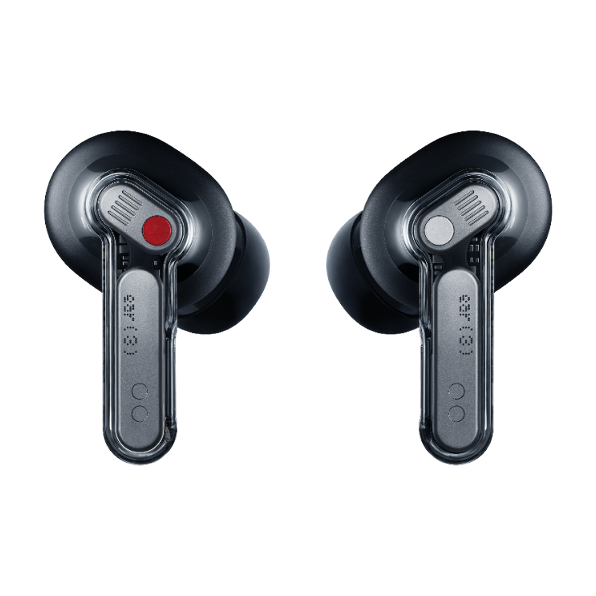 Zwei schwarze kabellose In-Ear-Kopfhörer mit transparentem Design und roten und weißen Akzenten vor schwarzem Hintergrund.