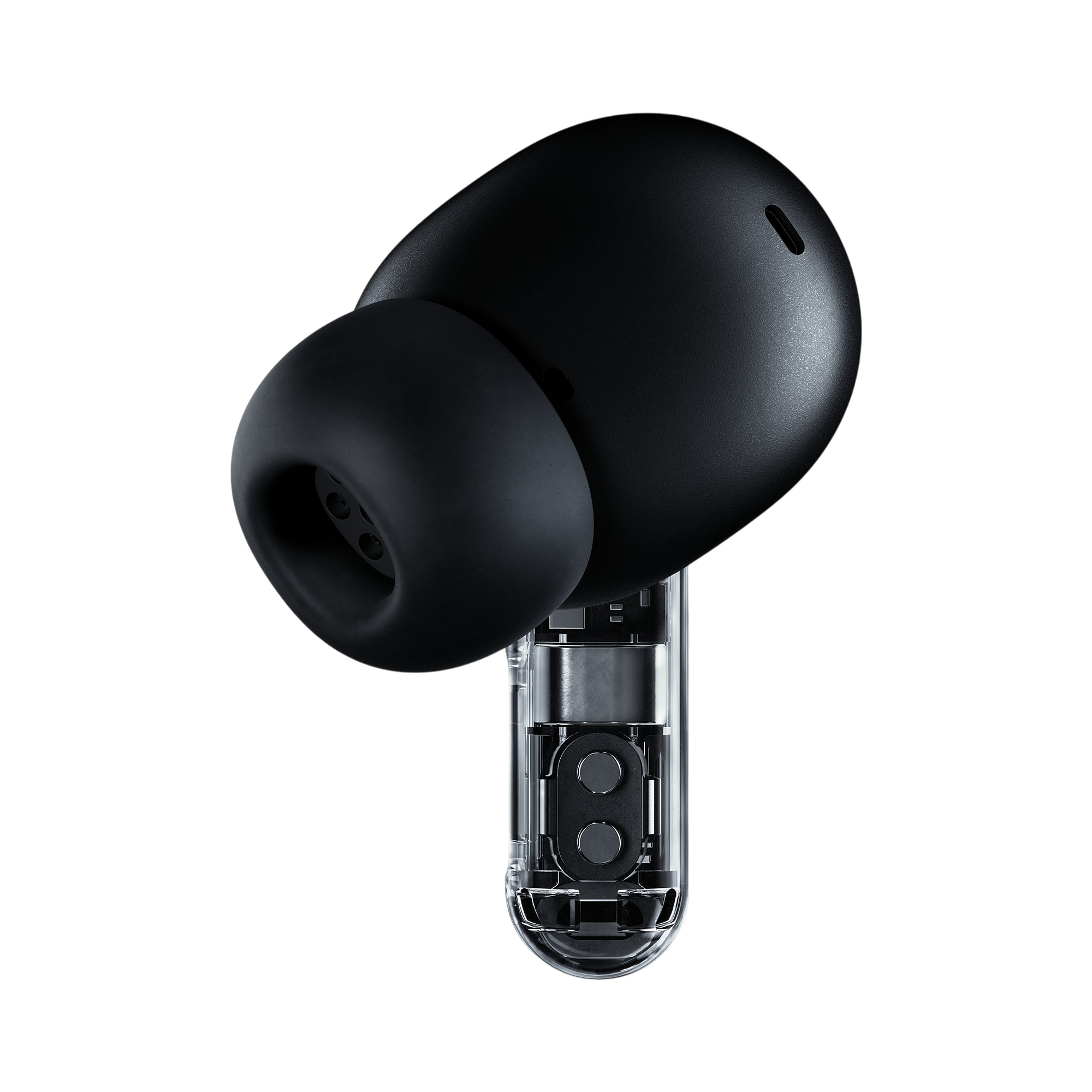 Ein schwarzer kabelloser In-Ear-Kopfhörer mit einem transparenten Stiel vor schwarzem Hintergrund.