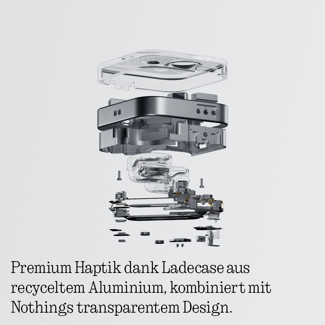 Explosionszeichnung eines transparenten Ladecase mit recyceltem Aluminiumgehäuse auf hellem Hintergrund.