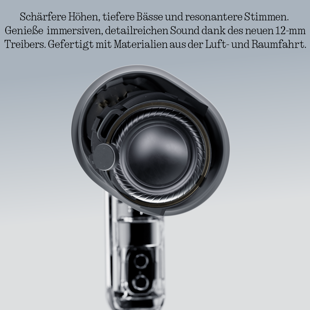 Querschnitt eines silbernen Ohrhörers mit integriertem Lautsprechertreiber und Text oben.