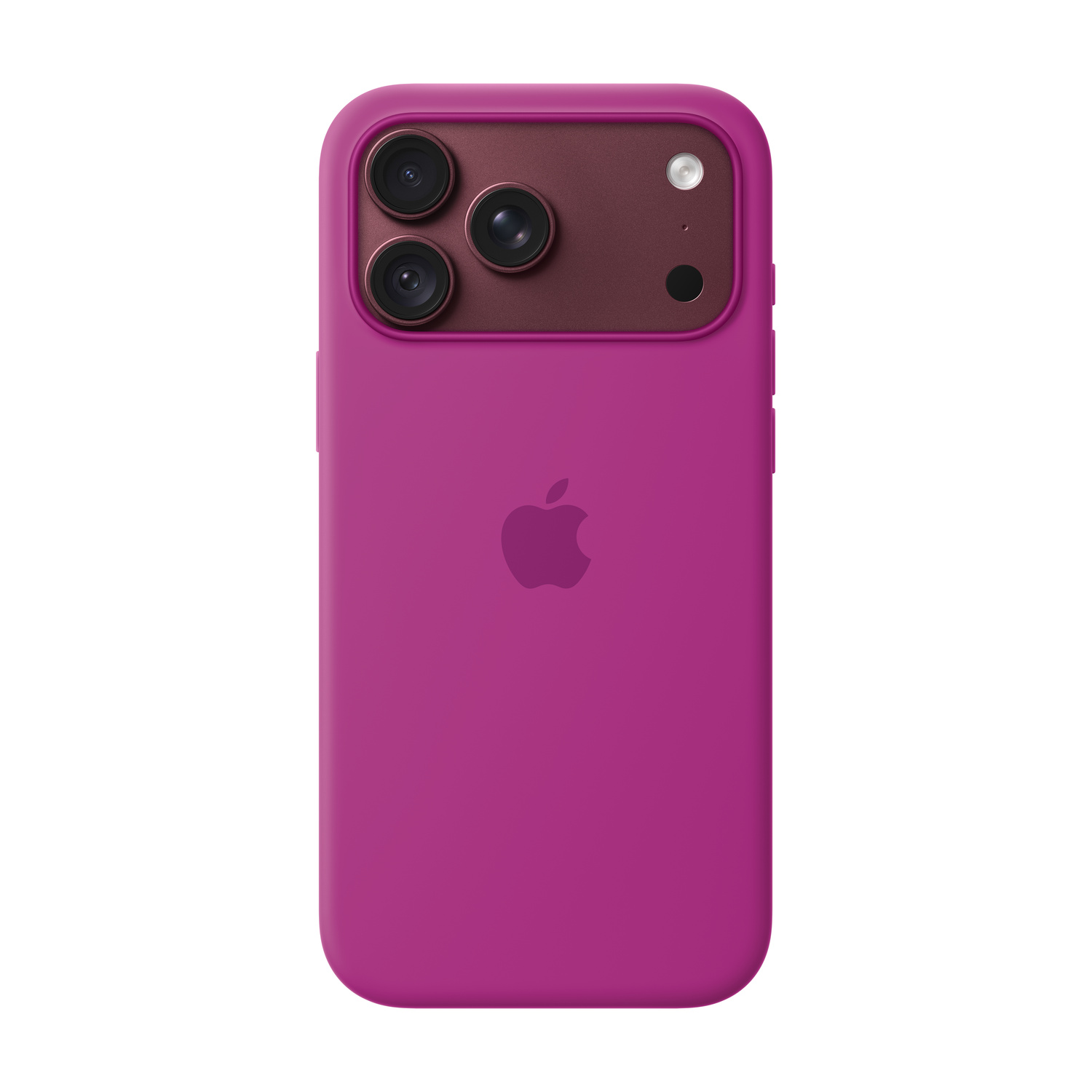 Retro di uno smartphone rosa in una custodia, con tripla fotocamera e logo Apple.