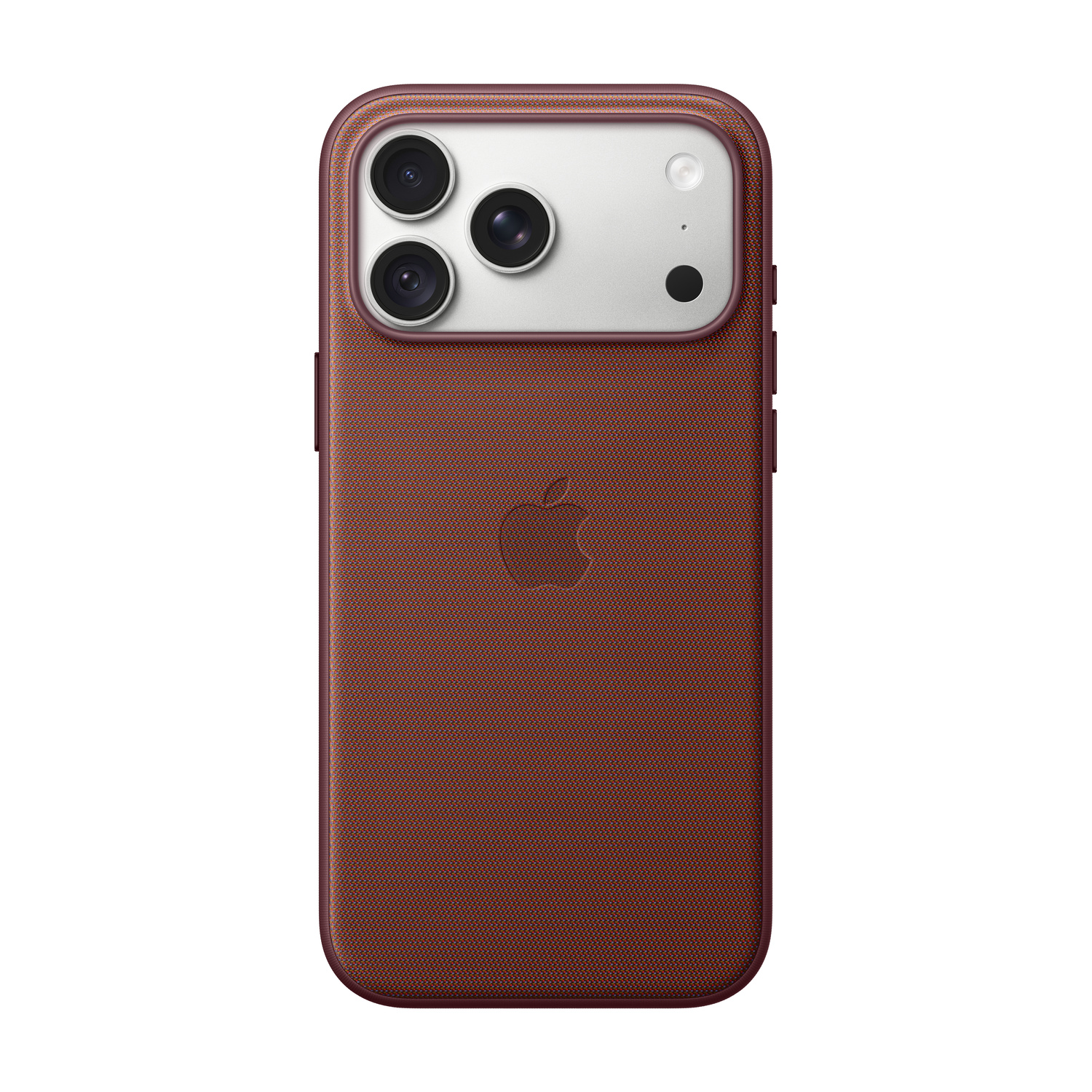Retro di un iPhone con custodia testurizzata marrone, logo Apple e modulo fotocamera rettangolare con tre lenti.