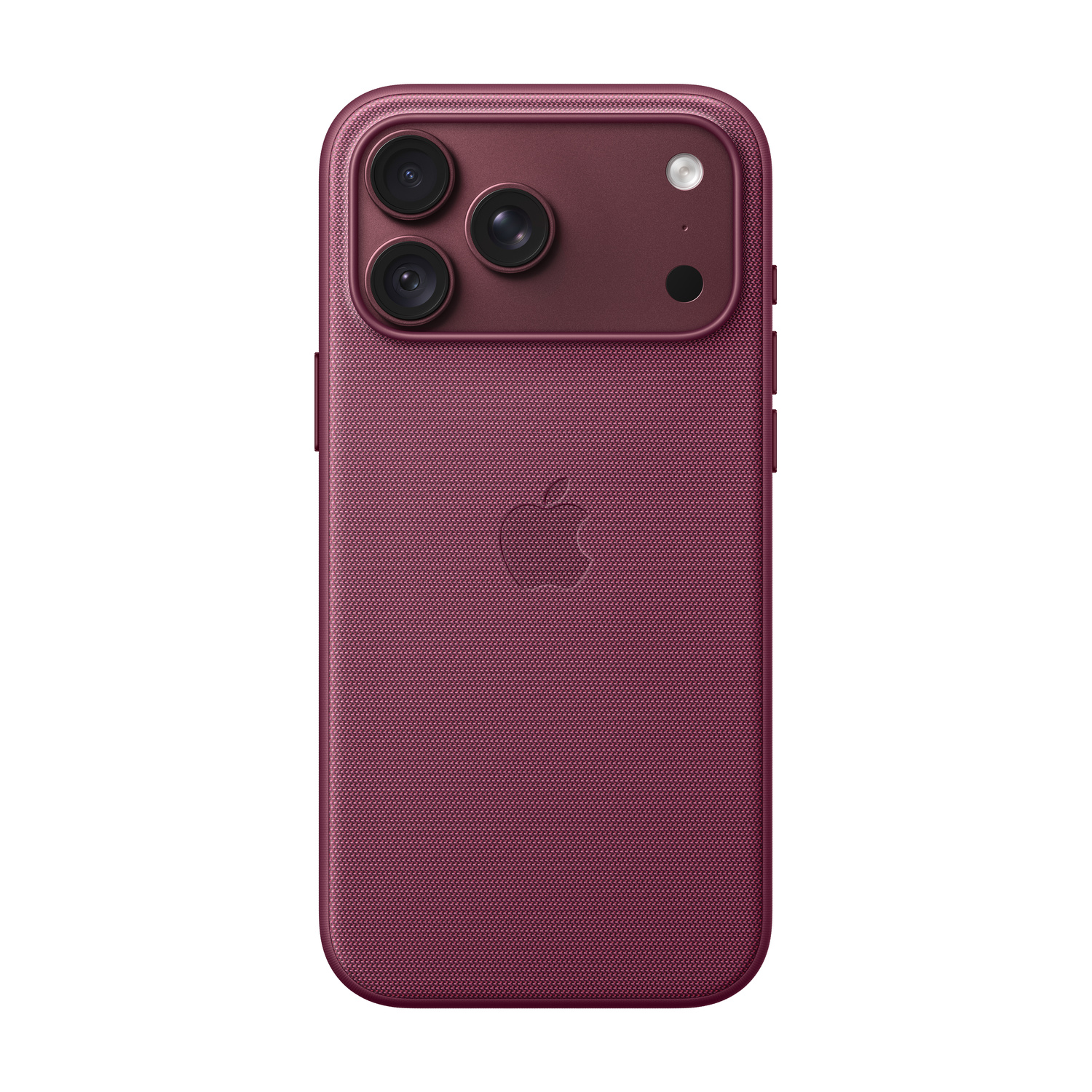 Retro di uno smartphone rosso scuro in custodia di tessuto con tre fotocamere e logo Apple.