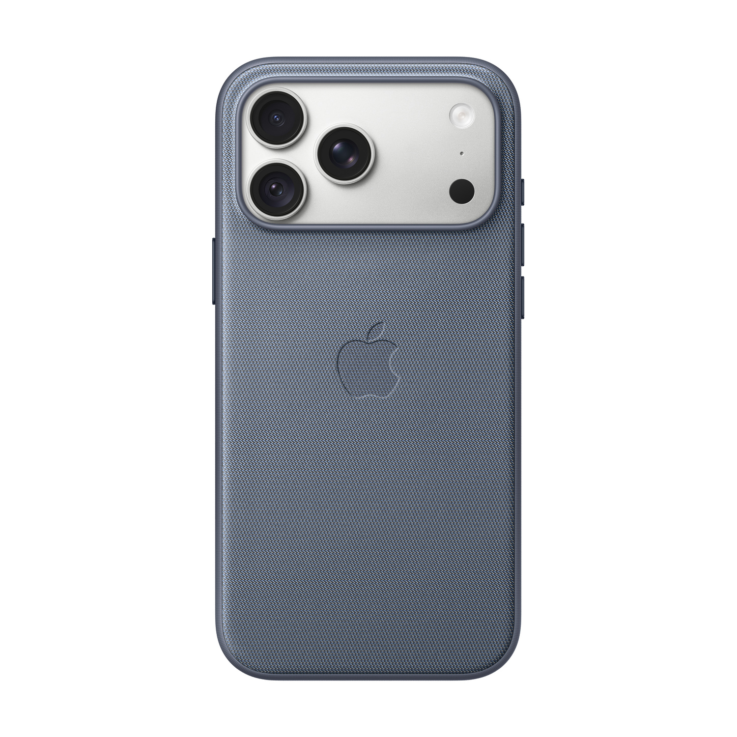 Vista posteriore di una custodia per iPhone blu testurizzata con tripla fotocamera e logo Apple.