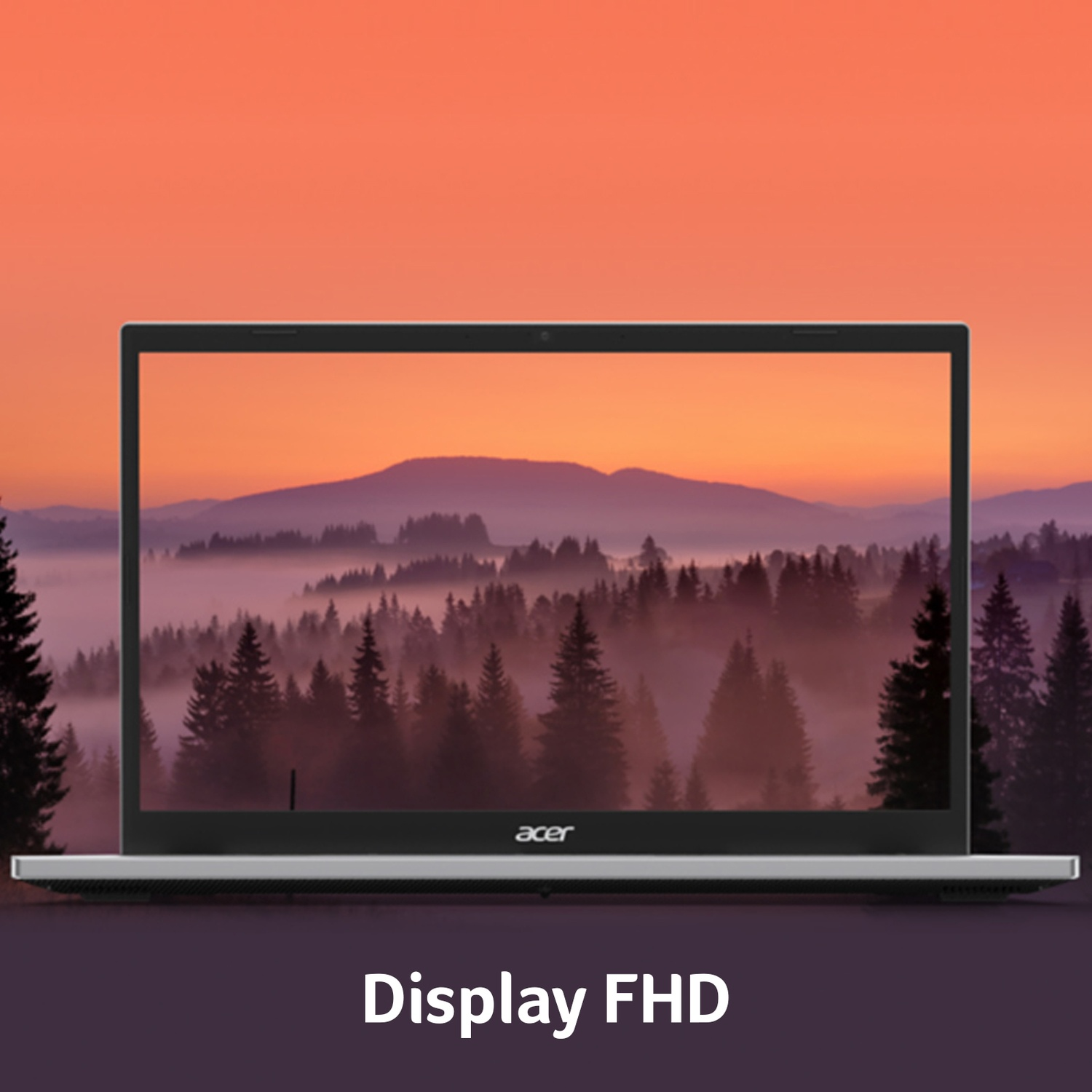 Laptop Acer con display FHD che mostra un paesaggio montano nebbioso al tramonto.