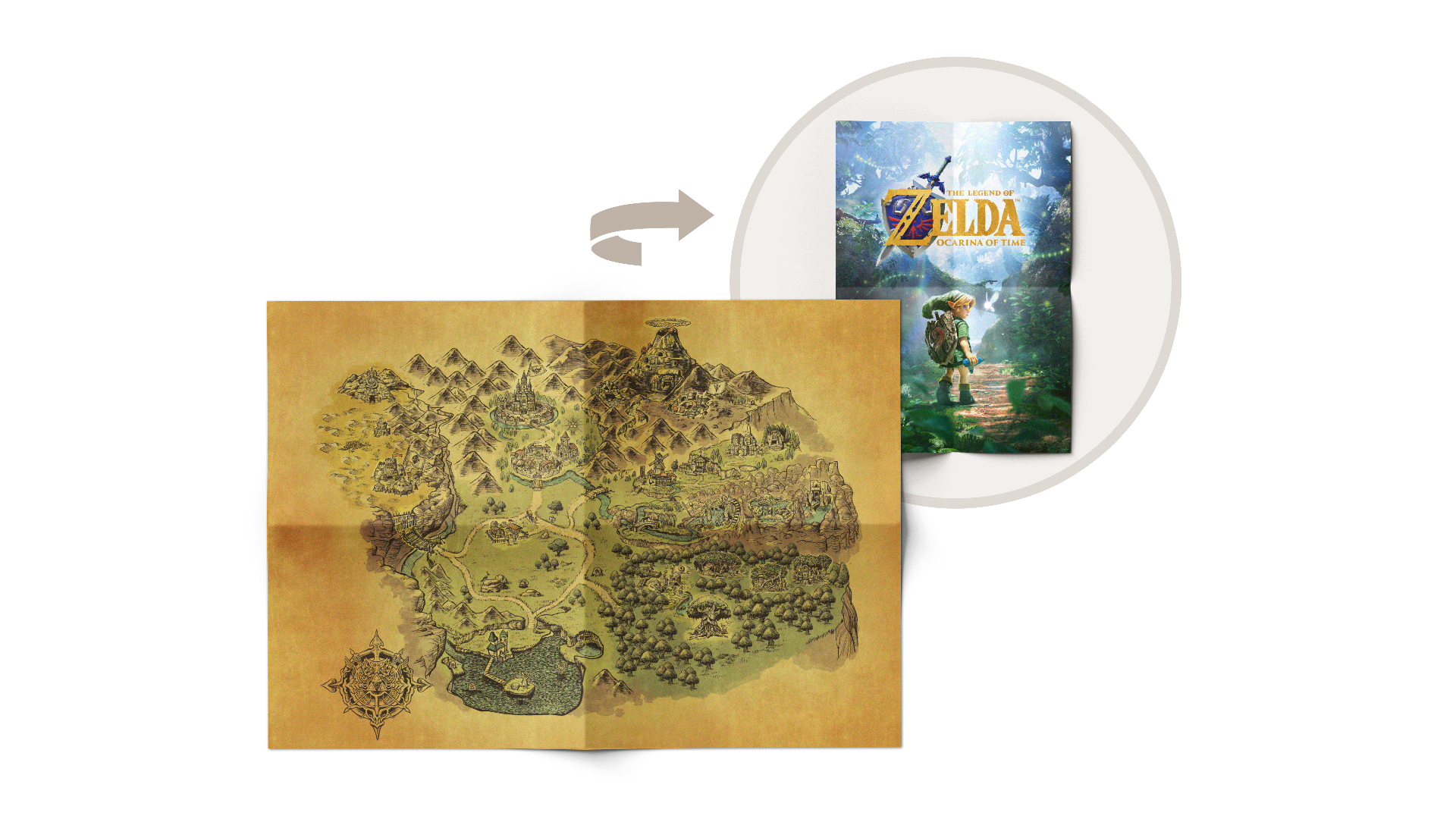 Stara papierowa mapa Hyrule obok okładki The Legend of Zelda: Ocarina of Time.