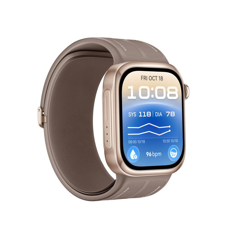 Eine beigefarbene Smartwatch mit digitalem Display auf weißem Hintergrund.