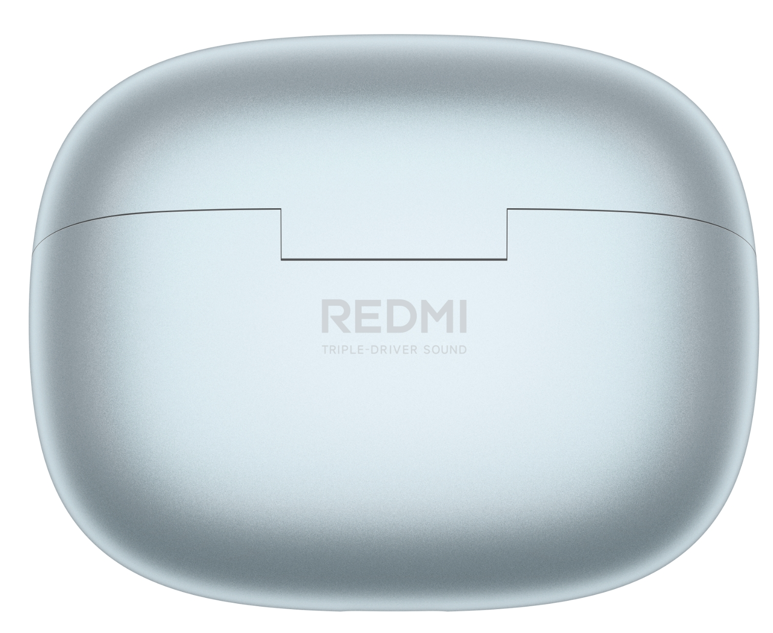Yuvarlatılmış köselere ve ön tarafta kabartmali Redmi logosuna sahip gümüş rengi Redmi kulaklık şarj kutusu.