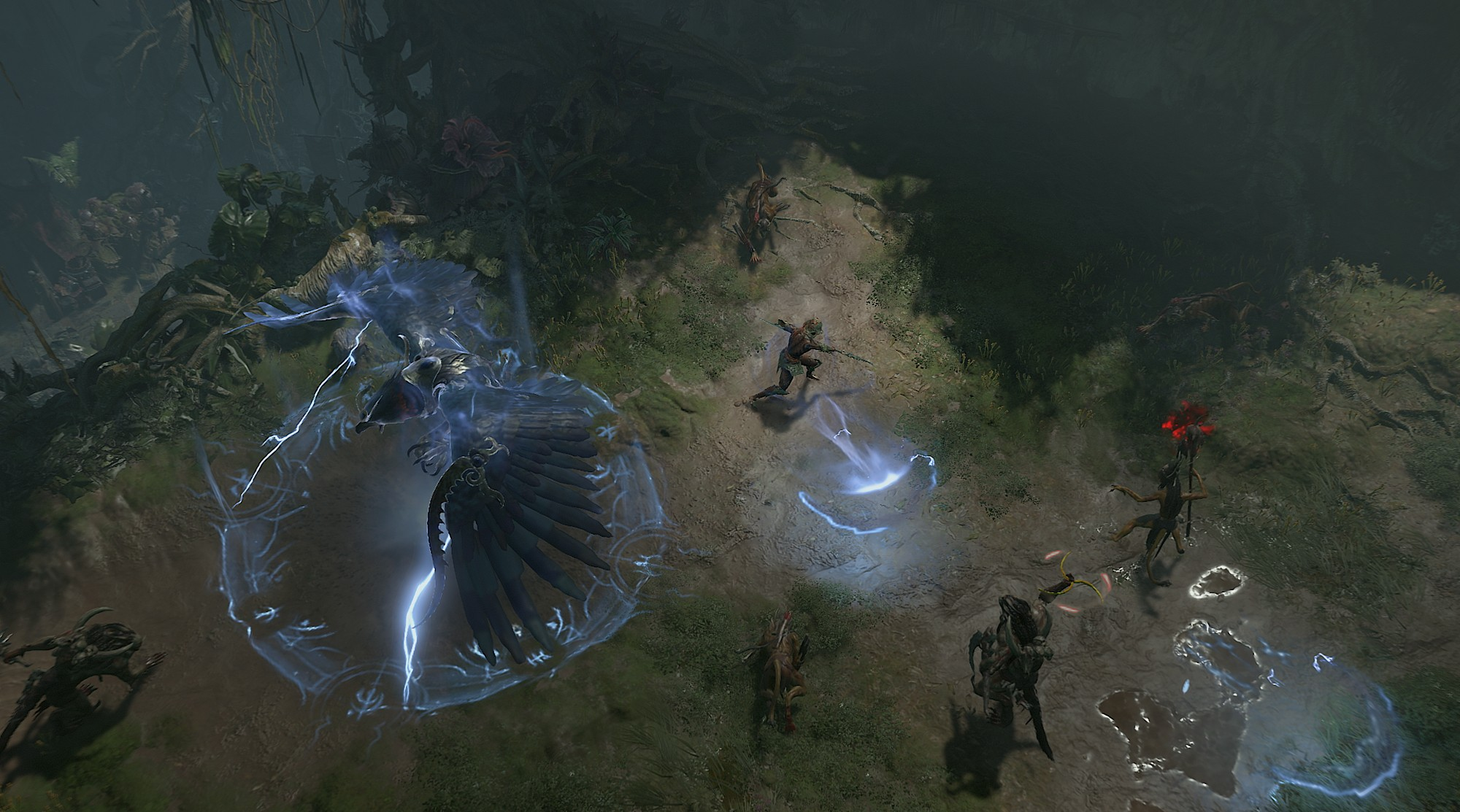 Ein Videospielcharakter kämpft in einem dunklen Dschungel gegen feindliche Kreaturen mit magischen Kräften.