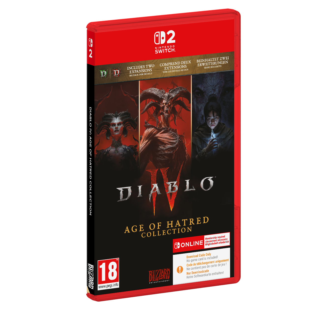 Nintendo Switch Spielhülle für Diablo IV Age of Hatred Collection mit dunklem Fantasy-Cover und PEGI-18-Logo.