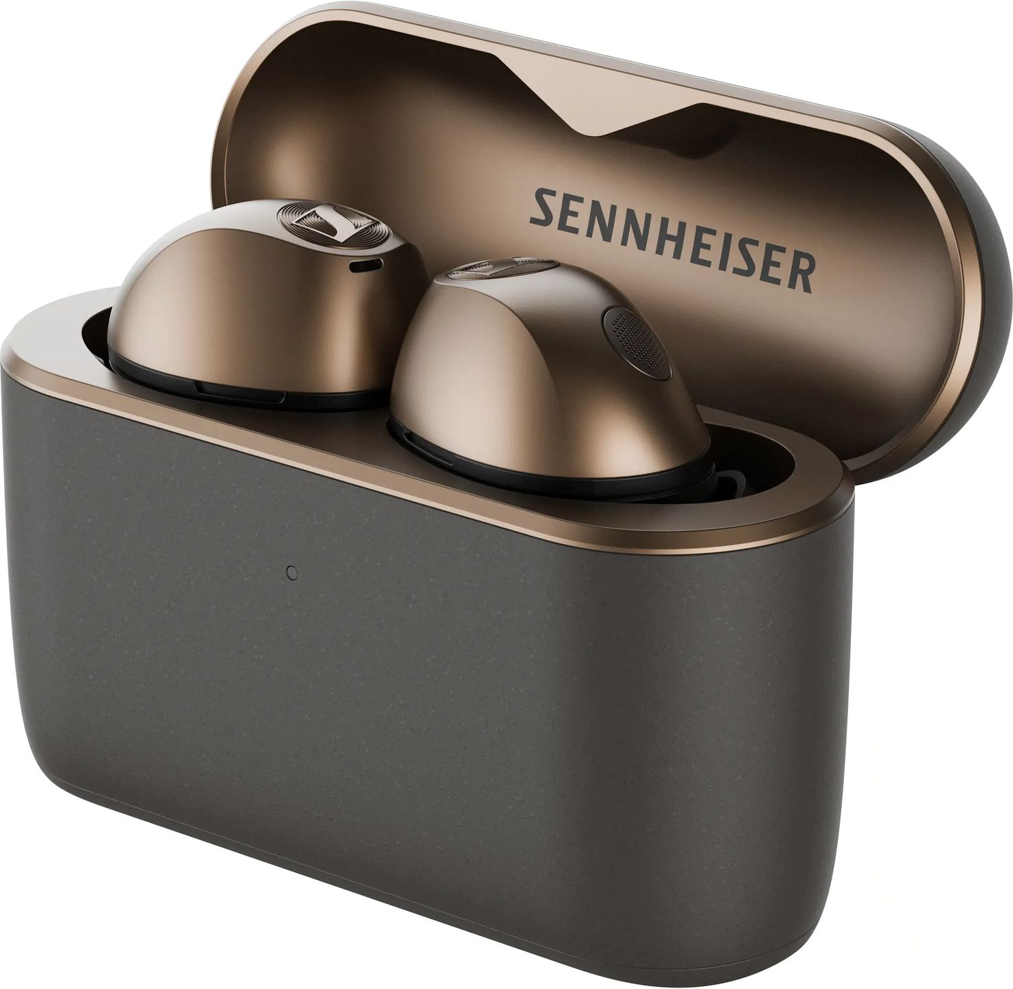 Sennheiser vezeték nélküli fülhallgató bronz töltőtokban logóval.