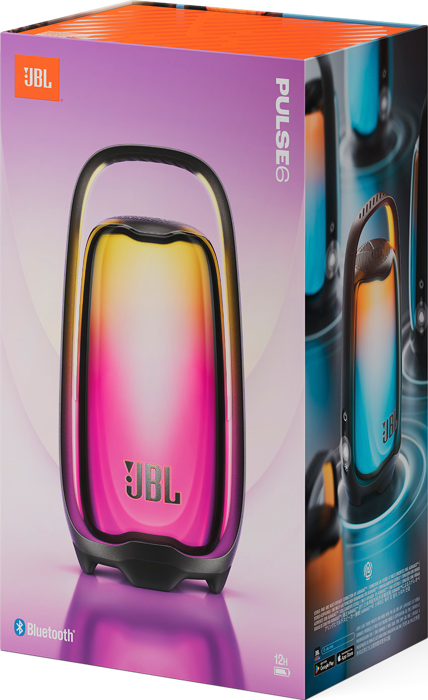 Emballage pour l'enceinte JBL Pulse 6 avec éclairage vibrant et poignée intégrée.