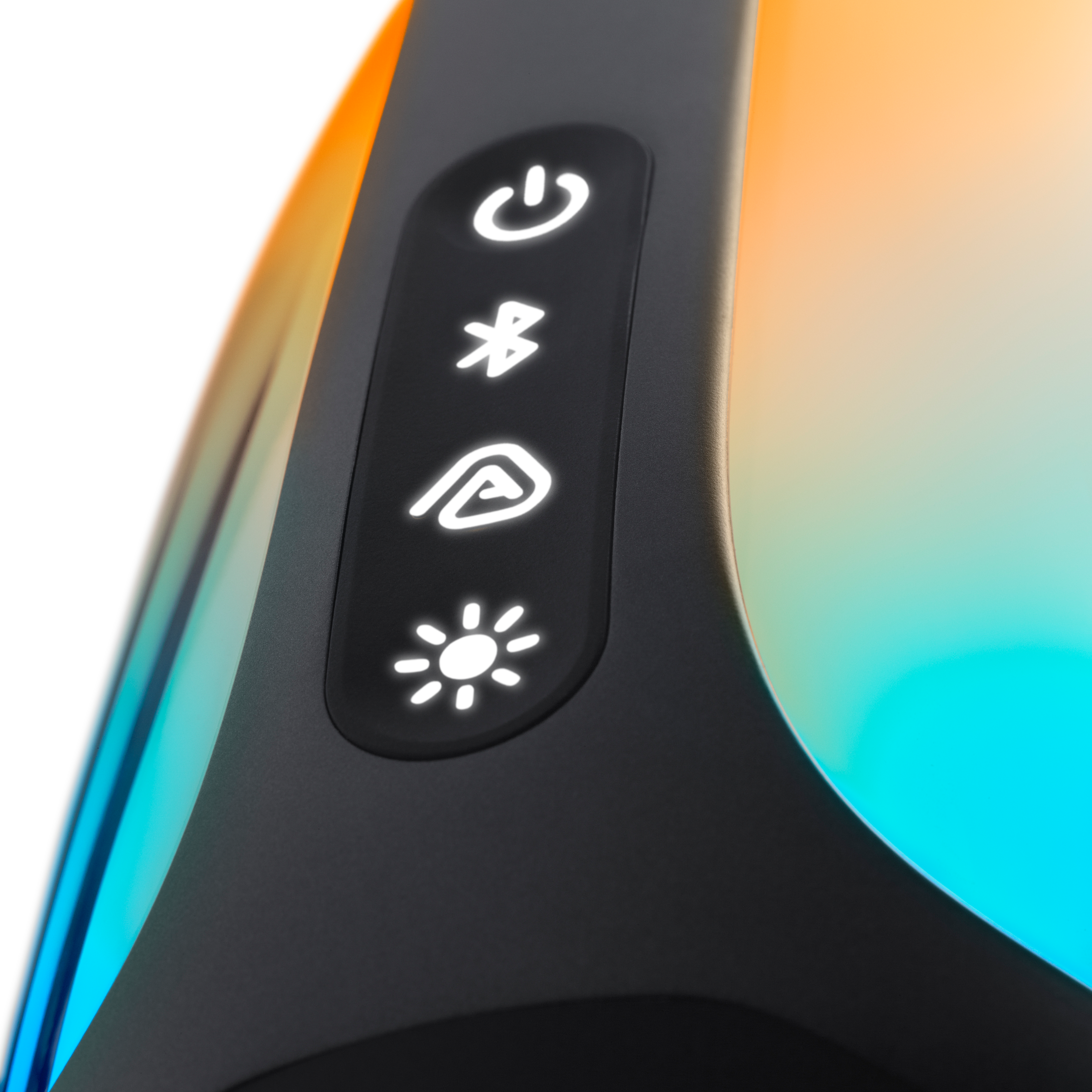 Gros plan d'un panneau de commande noir avec quatre icônes éclairées pour l'alimentation, le Bluetooth, la fonction et la luminosité.