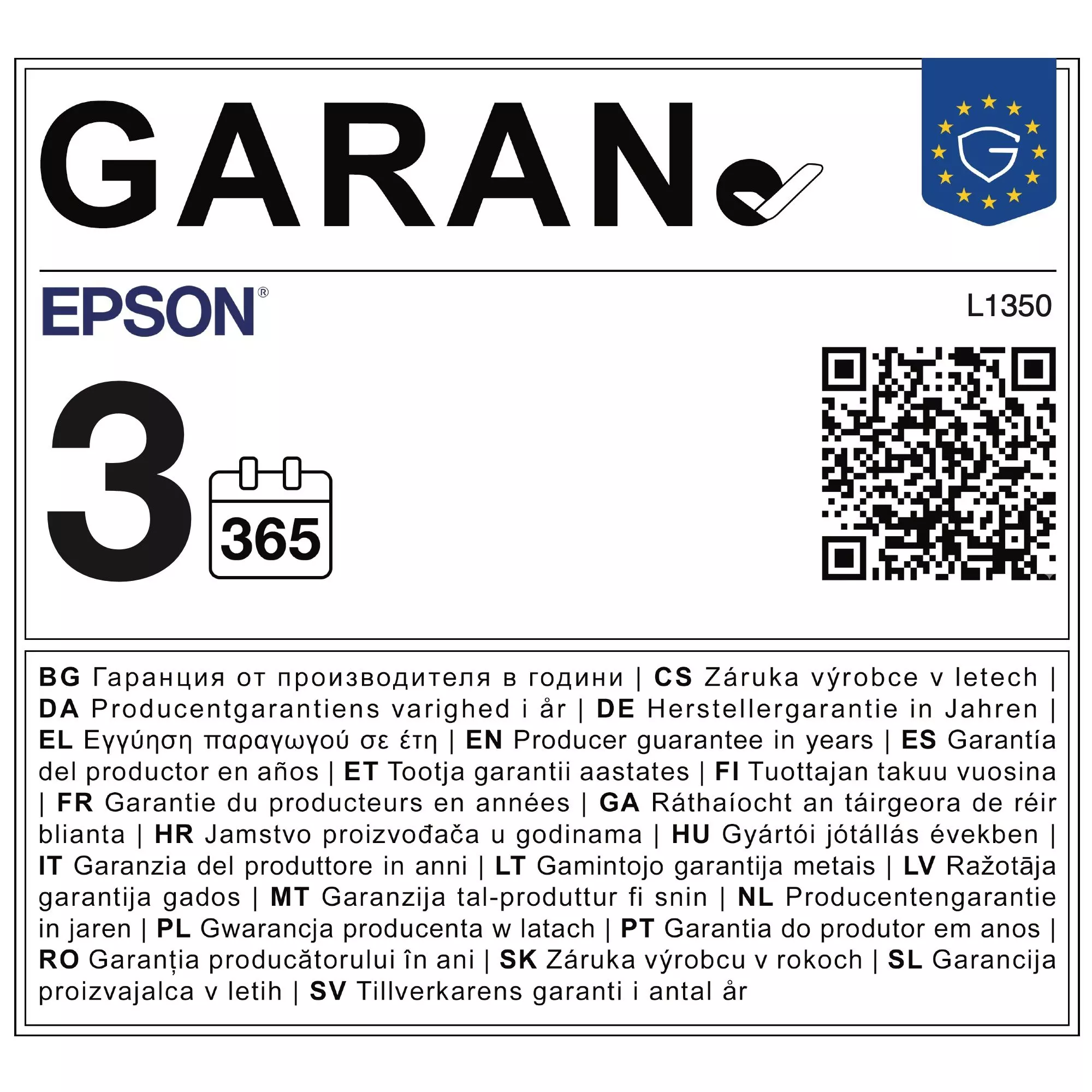 Epson 3 éves garancia tábla QR-kóddal és többnyelvű szöveggel.