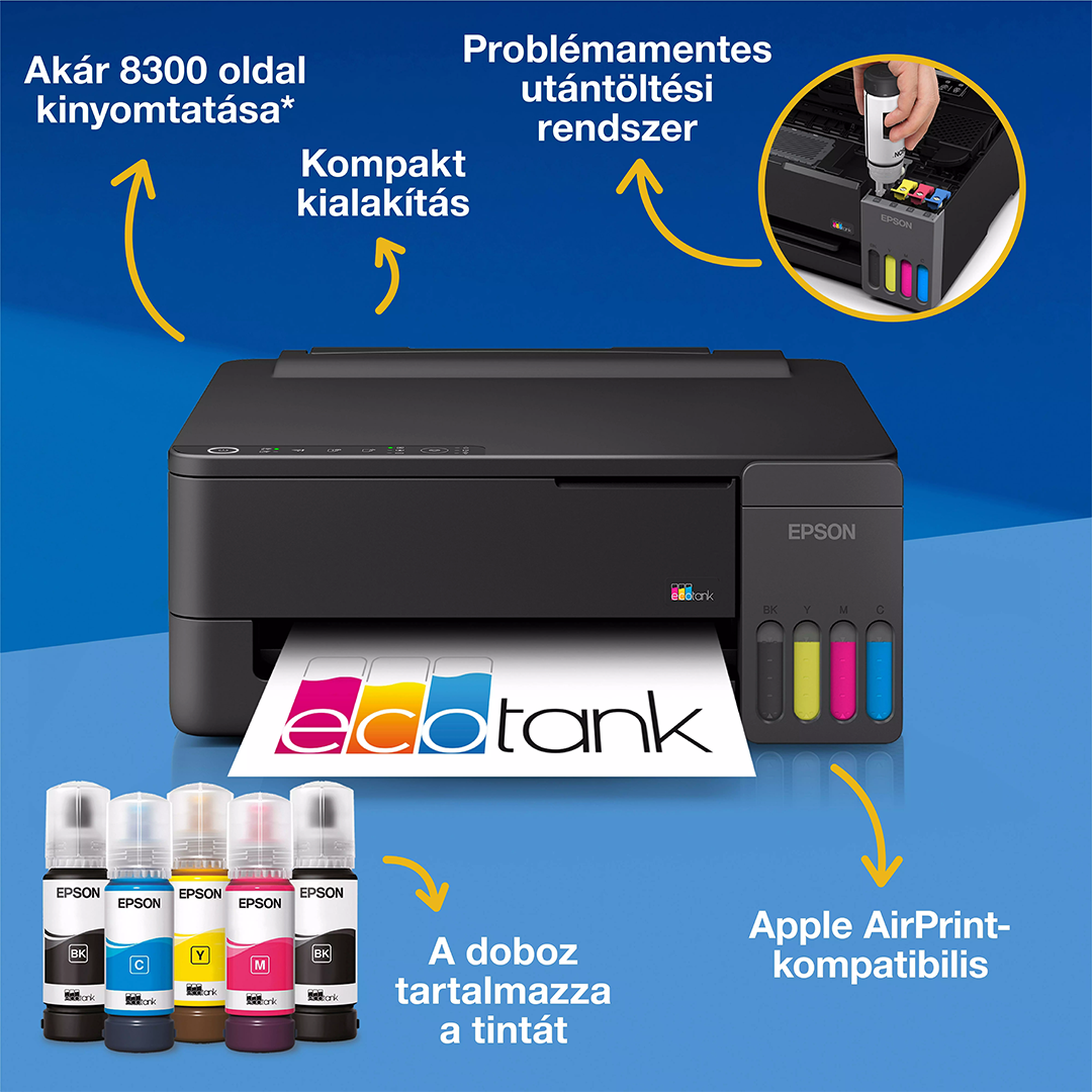Epson EcoTank nyomtató tintapalackokkal, nyomtatott oldallal és nyilakkal jelzett tulajdonságokkal.