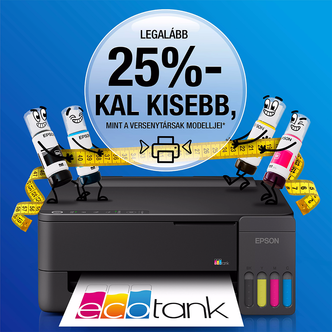 Epson EcoTank nyomtató négy rajzfilmszerű tintapalackkal, amelyek sárga mérőszalagot tartanak.