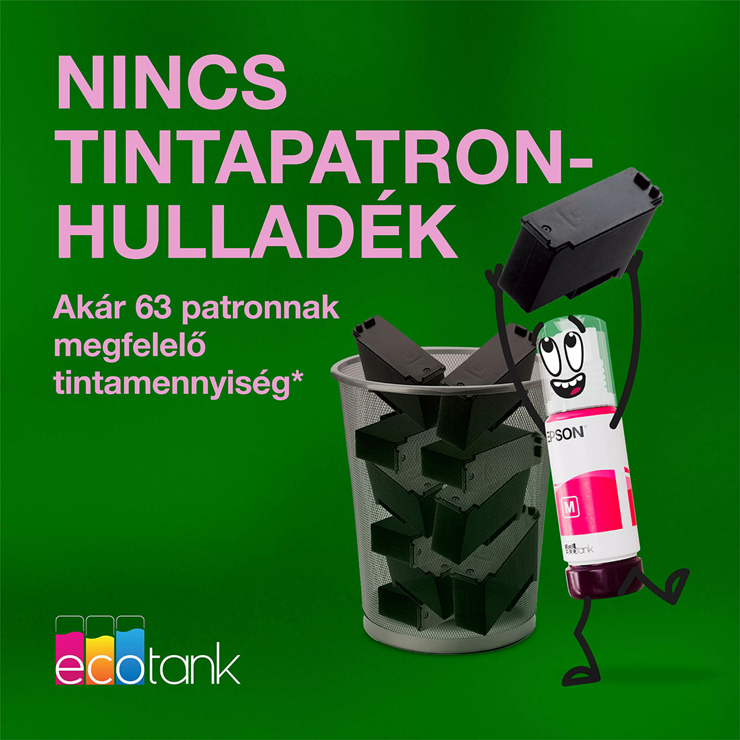 Egy animált tintásüveg fekete patronokat dob egy szemetesbe zöld háttér előtt.