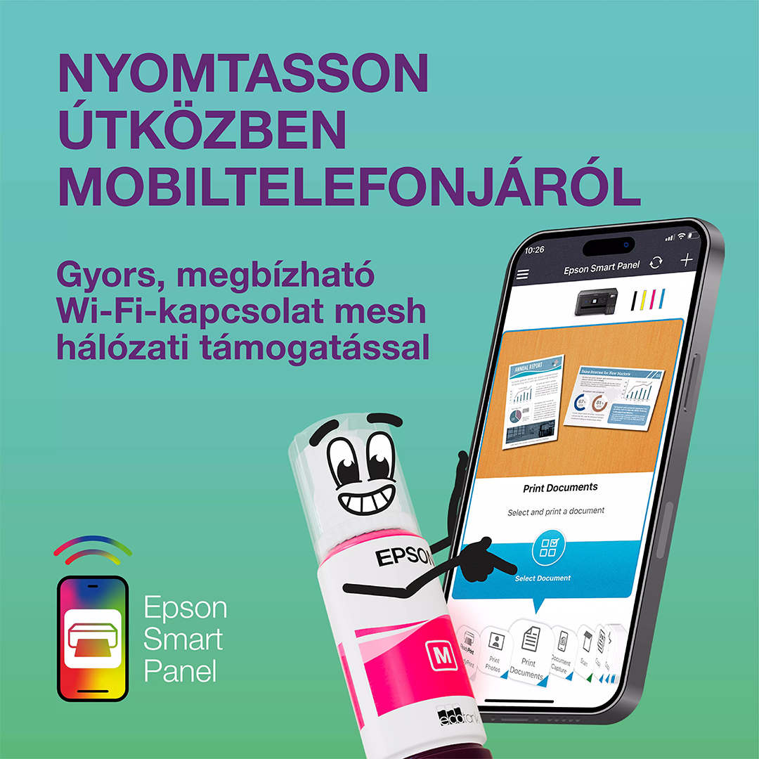 Okostelefon az Epson Smart Panel alkalmazással, egy rajzfilmes tintásüveg mellett, zöld háttér előtt.