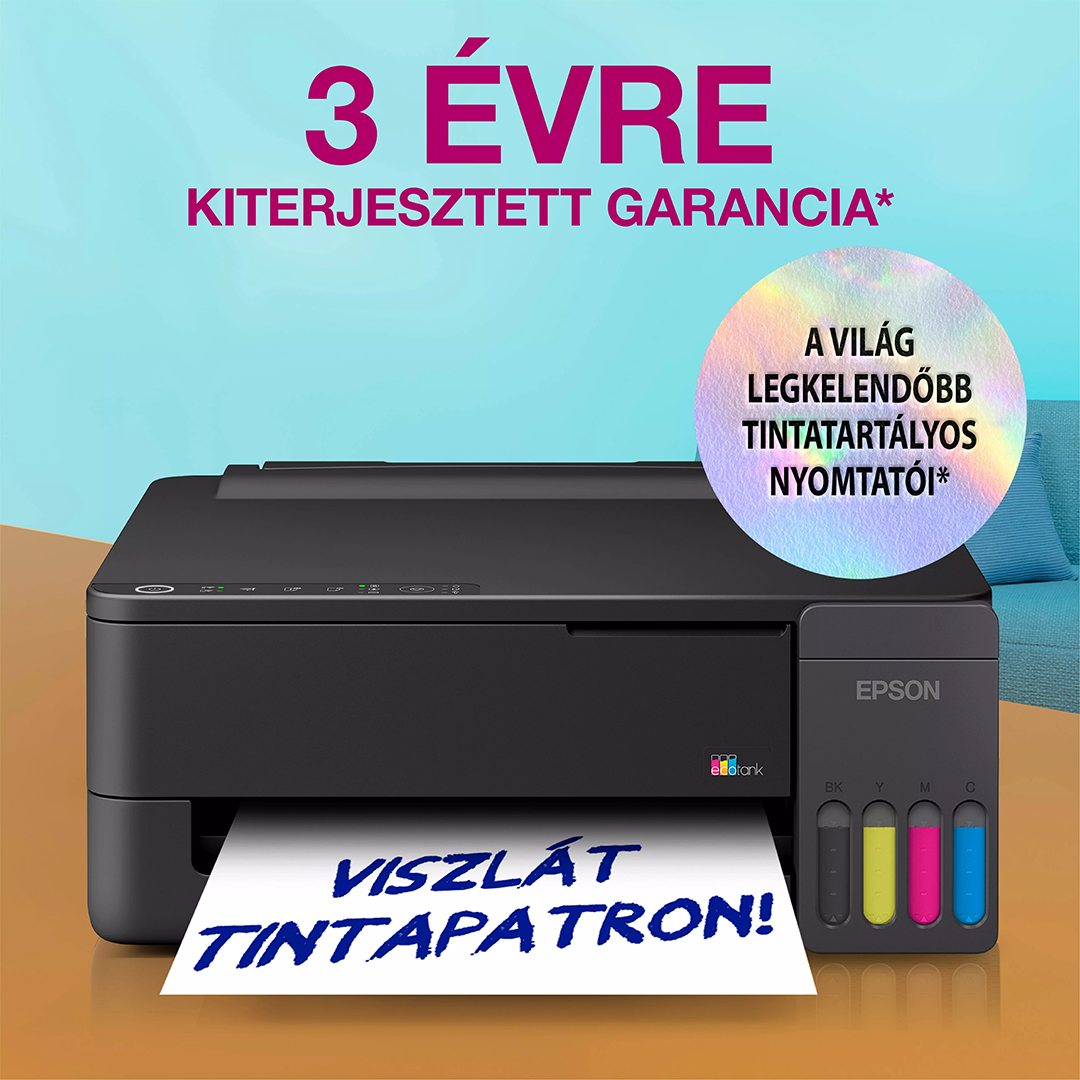 Egy Epson EcoTank nyomtató fa felületen, a kinyomtatott lapon 'VISZLÁT TINTAPATRON!' felirattal.