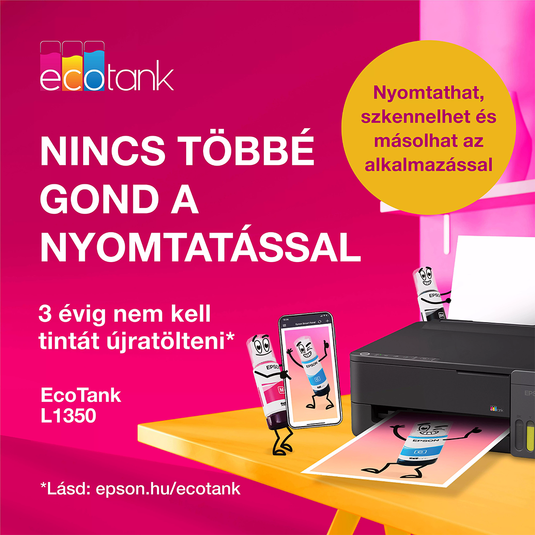 Epson EcoTank nyomtató sárga asztalon, rózsaszín háttérrel és animált tintapalackokkal.